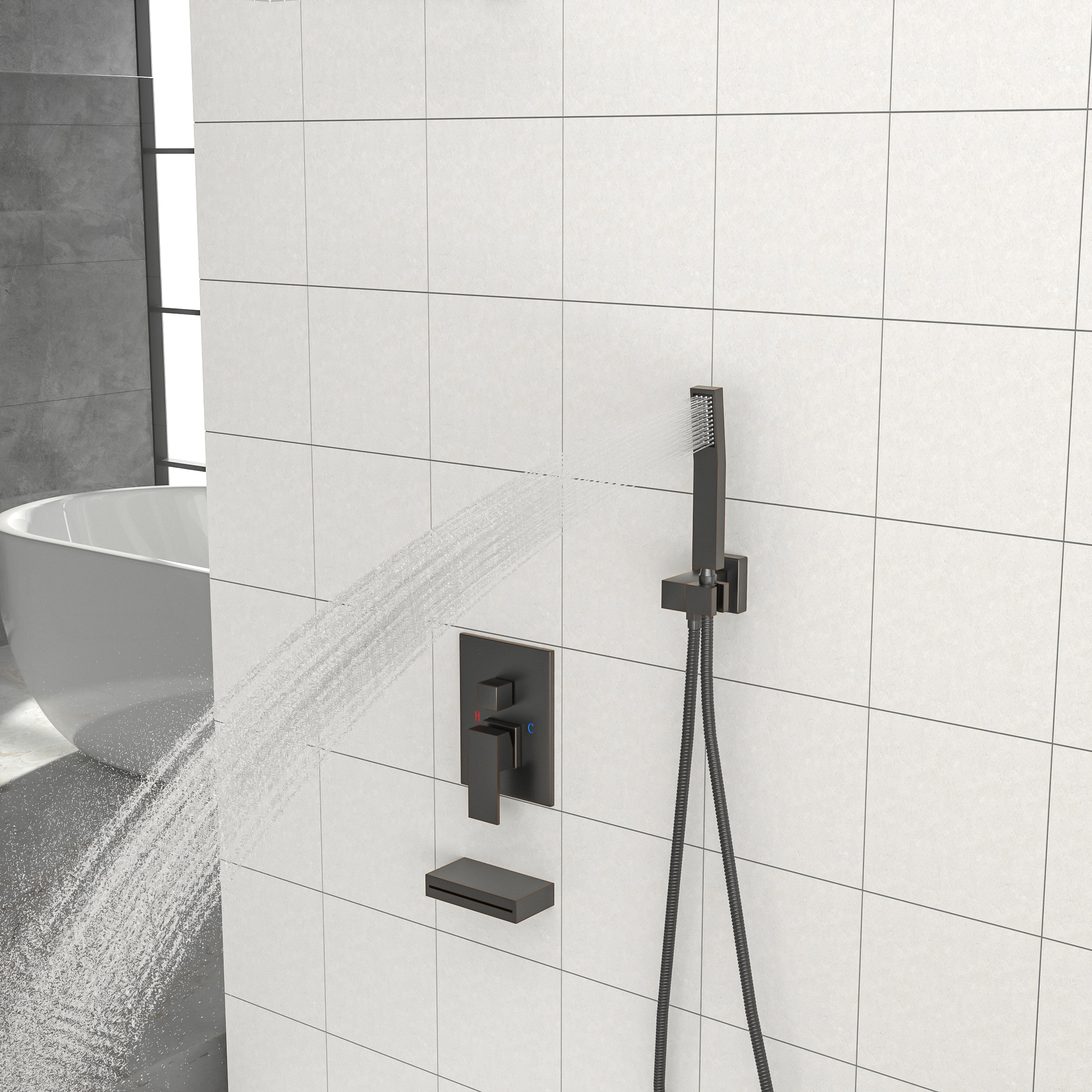 Shower System with Waterfall Tub Spout,12 Inch Ceiling Mount Square Shower System with Rough-in Valve,Oil Rubber Bronze