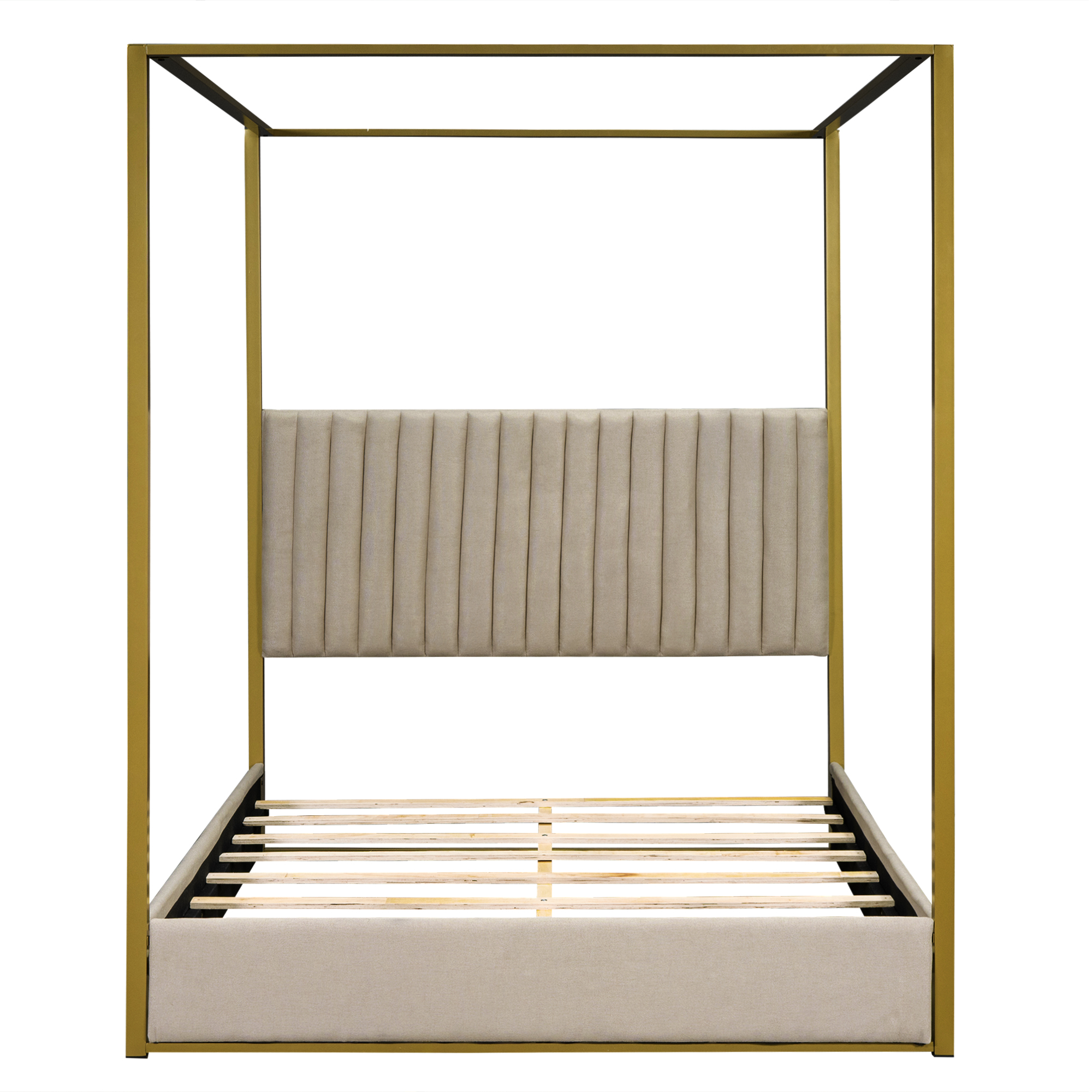 Queen Size Upholstery Canopy Platform Bed with Headboard and Metal Frame, Beige 