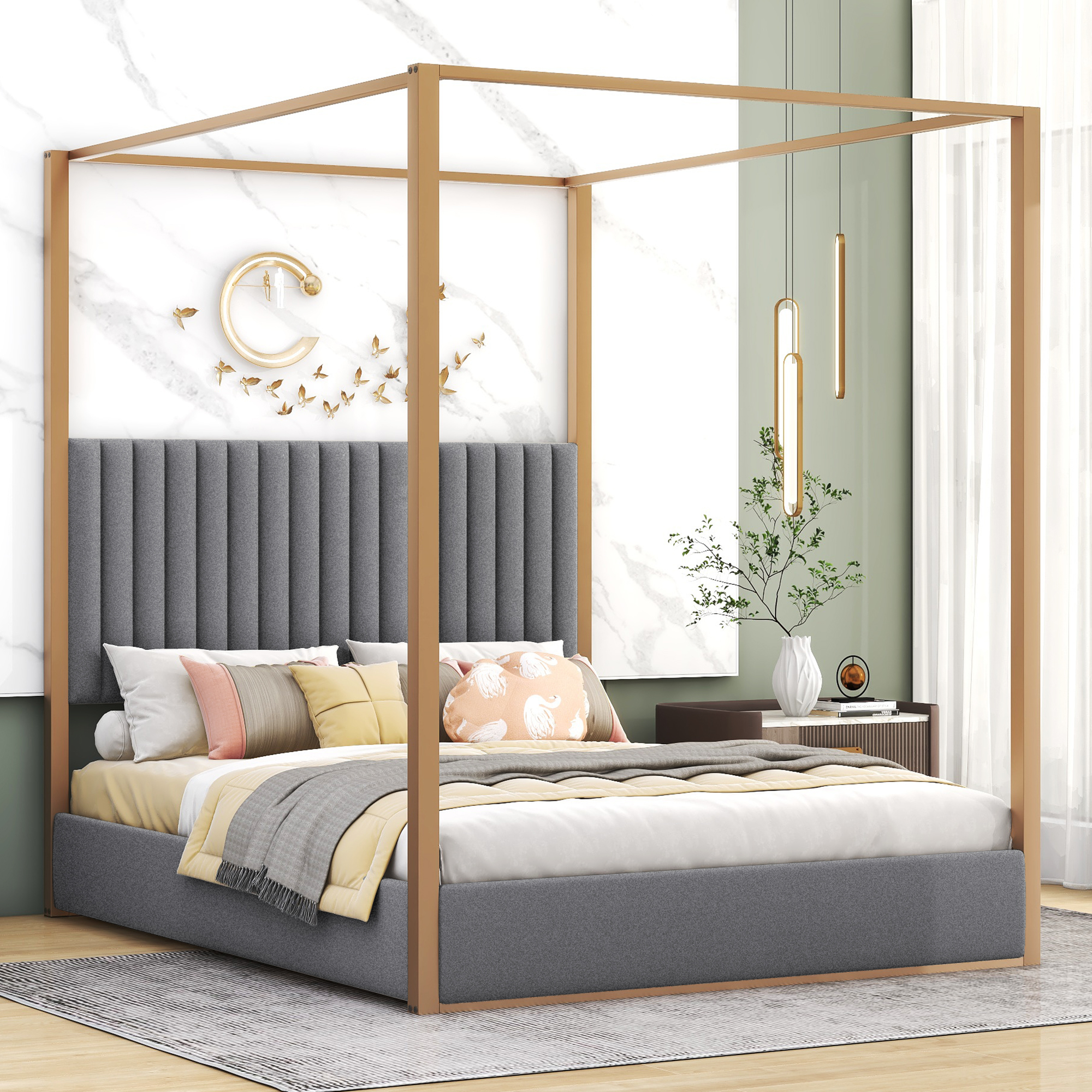 Queen Size Upholstery Canopy Platform Bed with Headboard and Metal Frame, Gray 