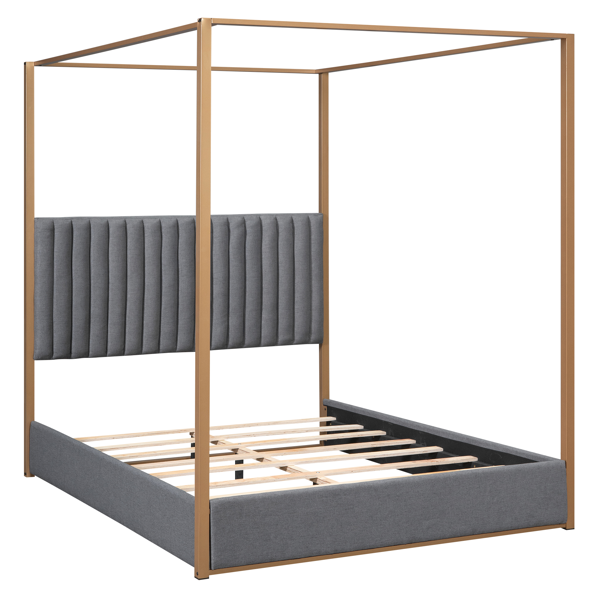 Queen Size Upholstery Canopy Platform Bed with Headboard and Metal Frame, Gray 