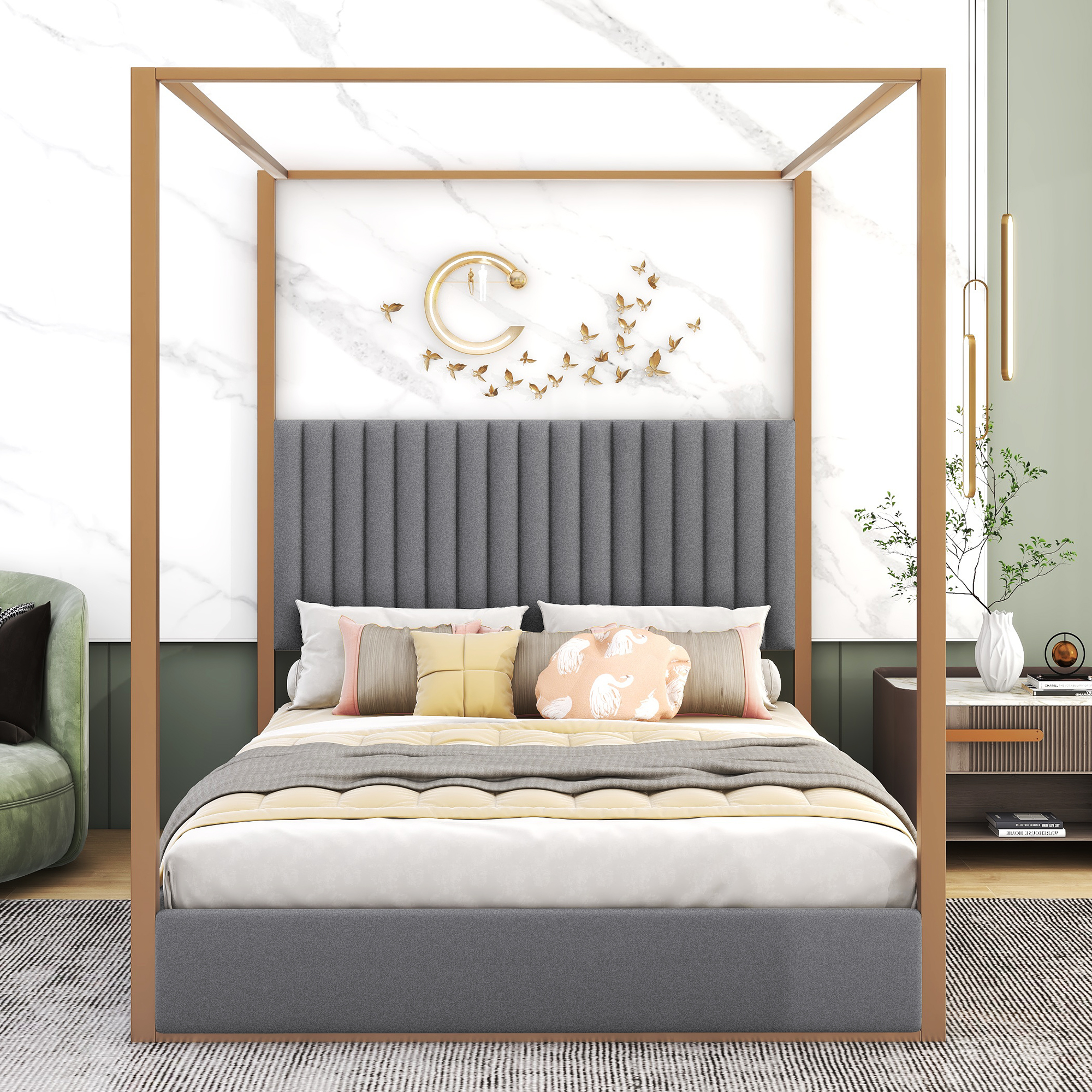 Queen Size Upholstery Canopy Platform Bed with Headboard and Metal Frame, Gray 
