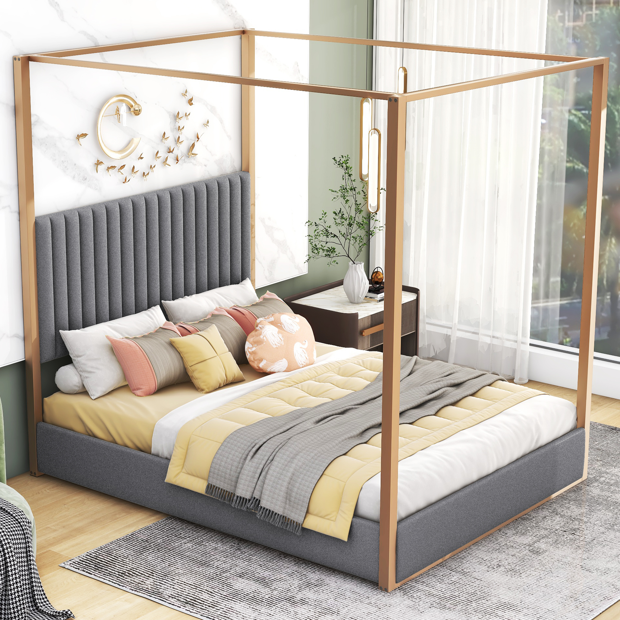 Queen Size Upholstery Canopy Platform Bed with Headboard and Metal Frame, Gray 