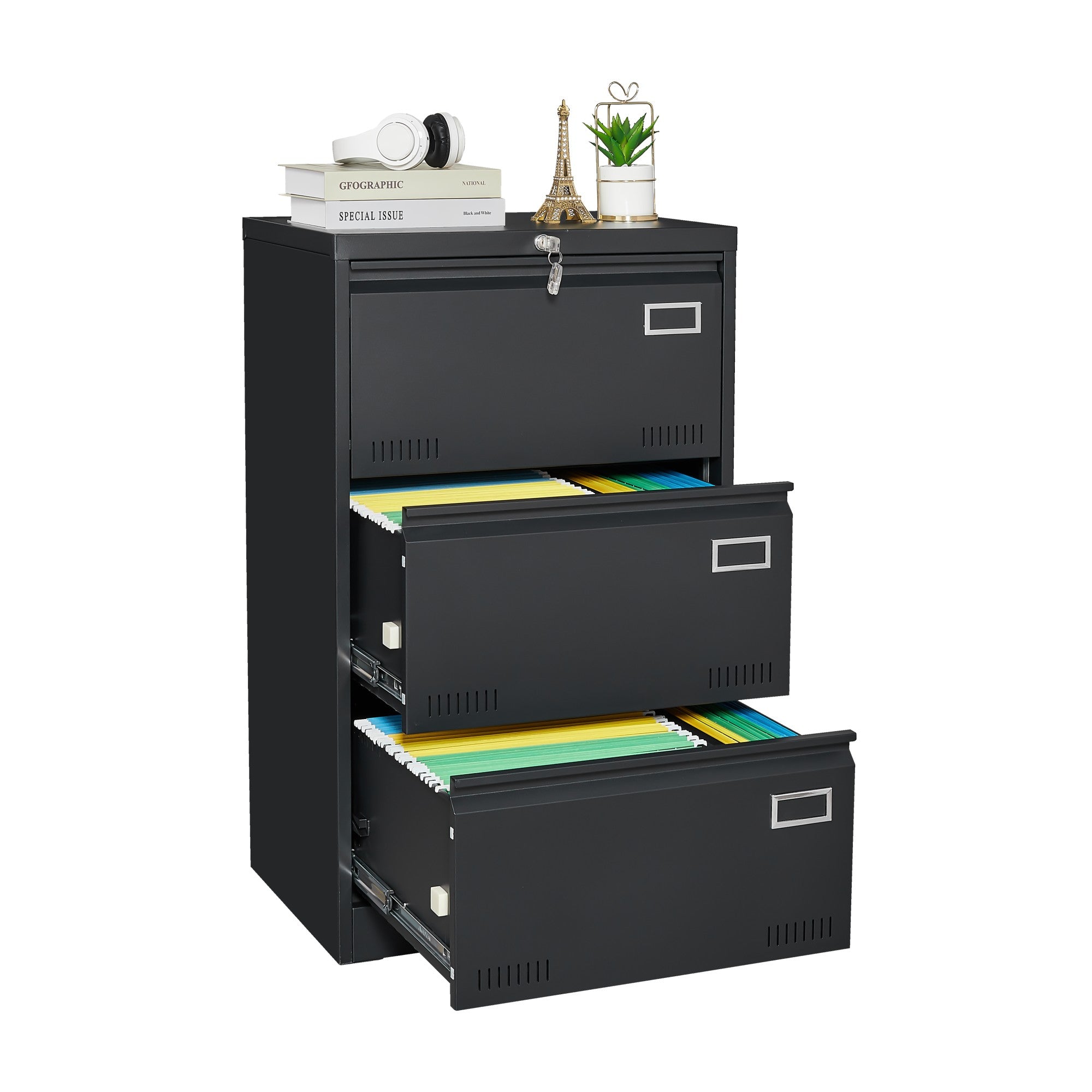 Black Metal 3-Drawer Lateral Filing Cabinet with Lock for Home and Office, image size:2000x2000