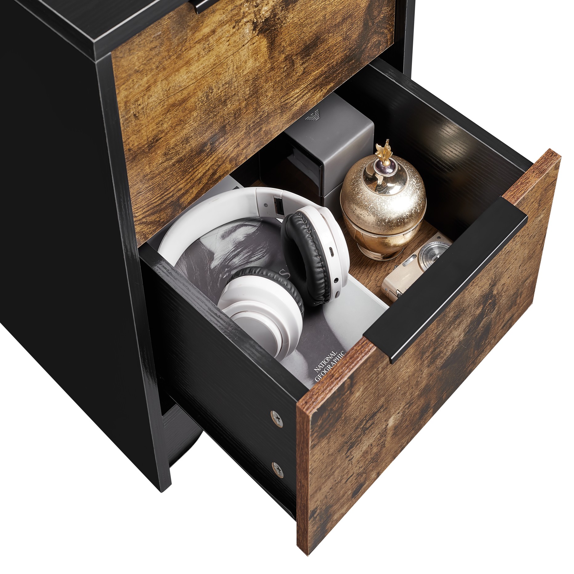 Black Wooden Nightstand with Two Drawers for Bedrooms and Other Places. 