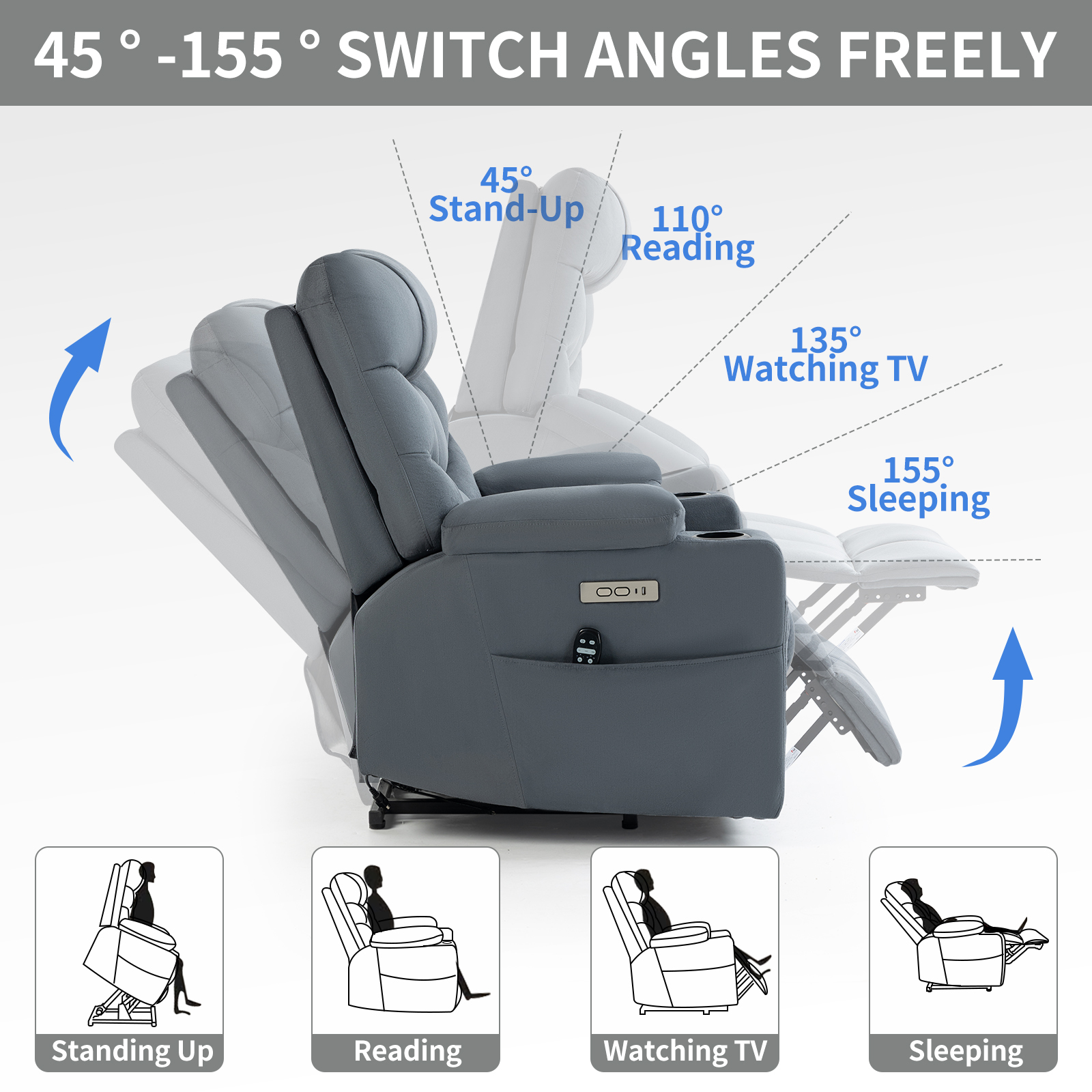 Up to 350 LBS Power Lift Recliner Chair, Heavy Duty Motion Mechanism with 8-Point Vibration Massage and Lumbar Heating, Cup Holders, USB and Type-C Ports, Removable Cushions, Blue/Grey