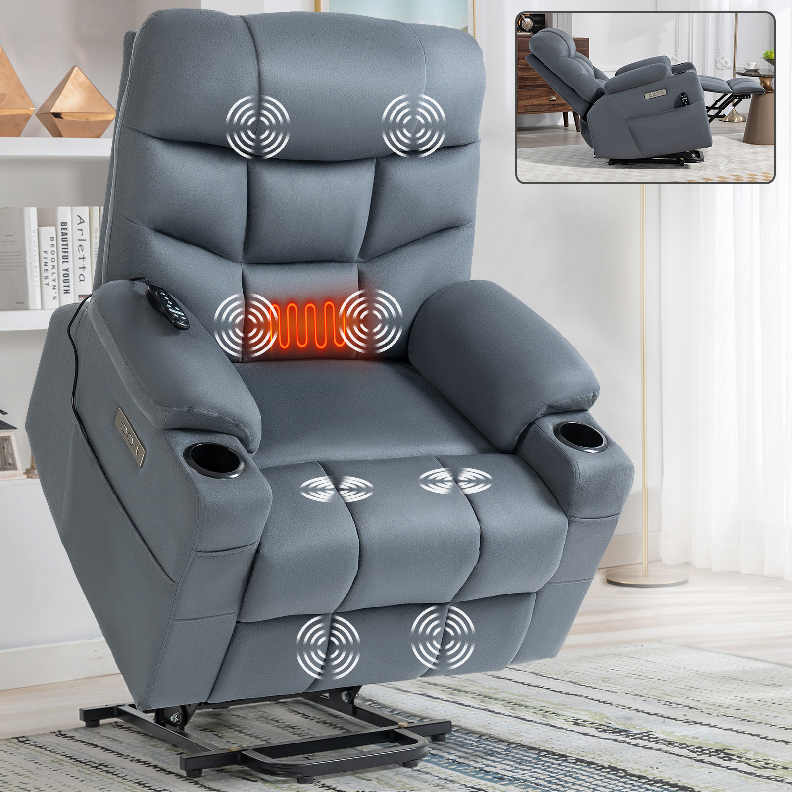 Up to 350 LBS Power Lift Recliner Chair, Heavy Duty Motion Mechanism with 8-Point Vibration Massage and Lumbar Heating, Cup Holders, USB and Type-C Ports, Removable Cushions, Blue/Grey