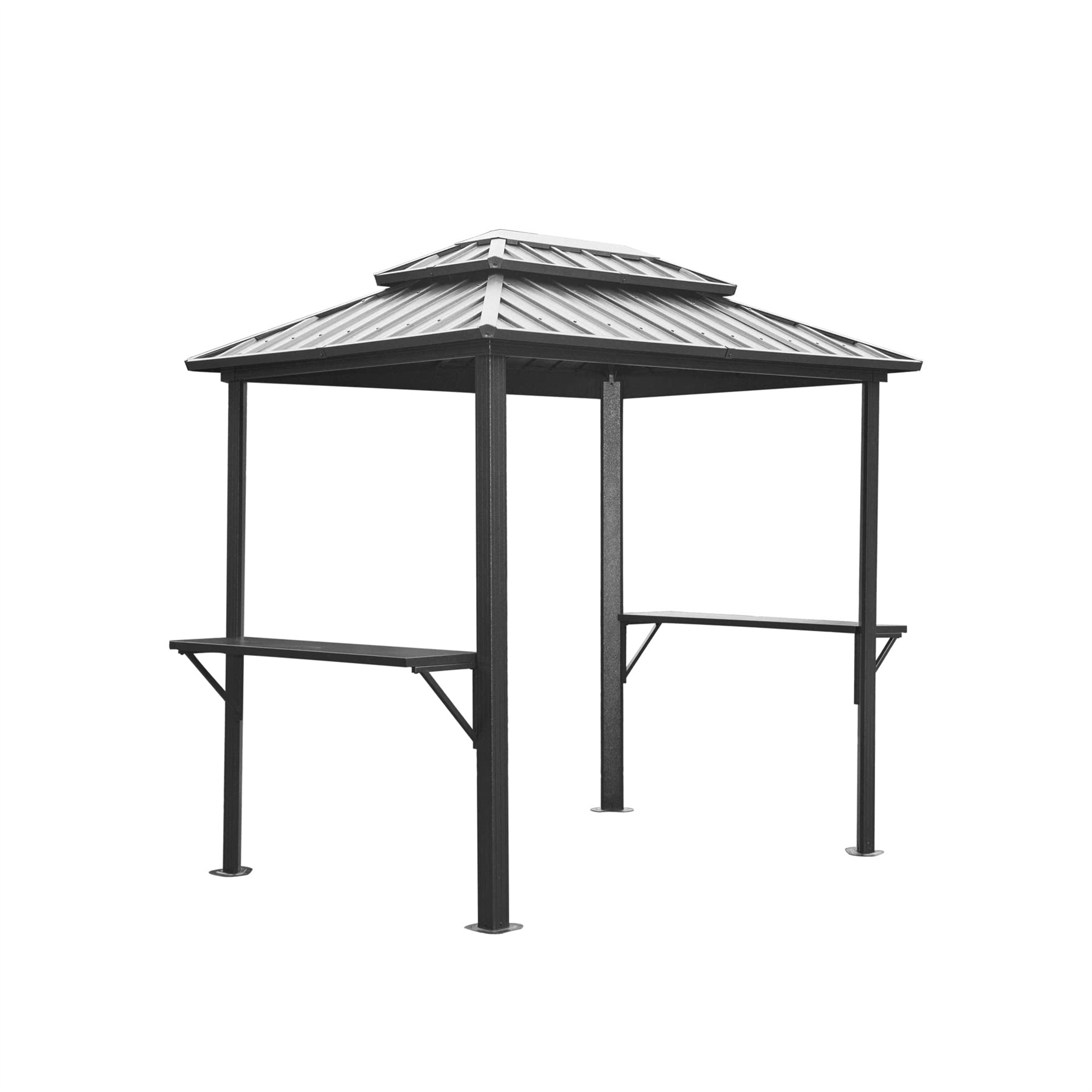 Hardtop Grill Gazebo, Outdoor BBQ Gazebo with 2 Side Shelves and Sloping Galvanized Steel Roof, Metal Permanent Grill Canopy with Ceiling Hooks for Patio, Lawn, Backyard, Deck