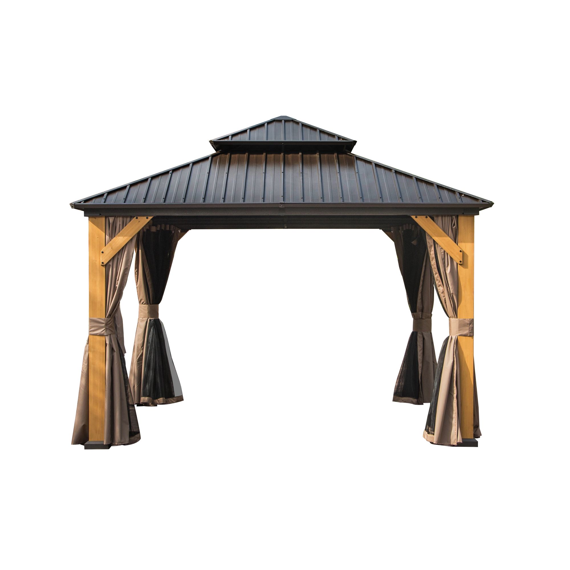 Outdoor Cedar Wood Frame Canopy with Galvanized Steel Double Roof, Outdoor Permanent Metal Pavilion with Curtains and Netting for Patio, Backyard and Lawn