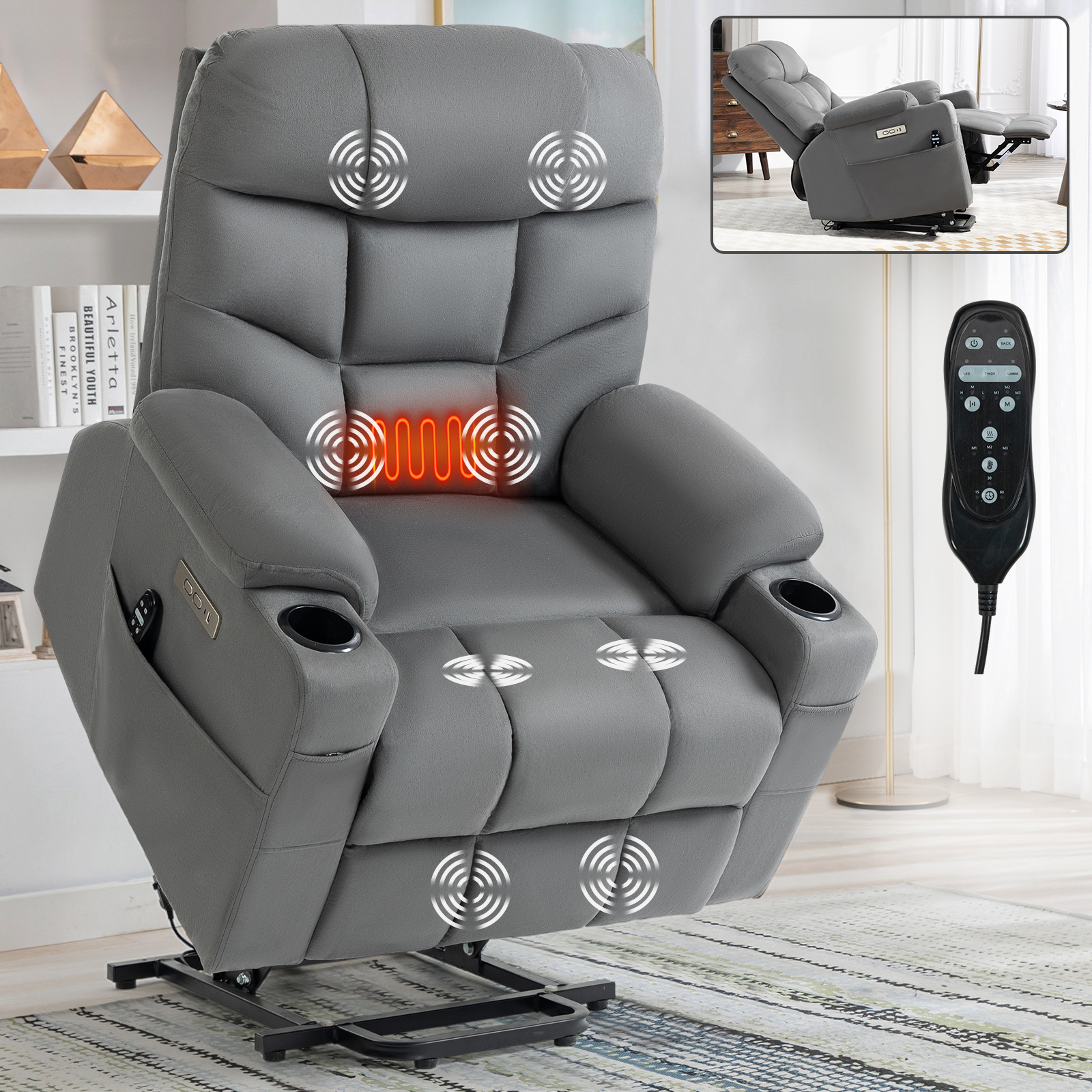 Up to 350 LBS Power Lift Recliner Chair, Heavy Duty Motion Mechanism with 8-Point Vibration Massage and Lumbar Heating, Cup Holders, USB and Type-C Ports, Removable Cushions, Blue/Grey