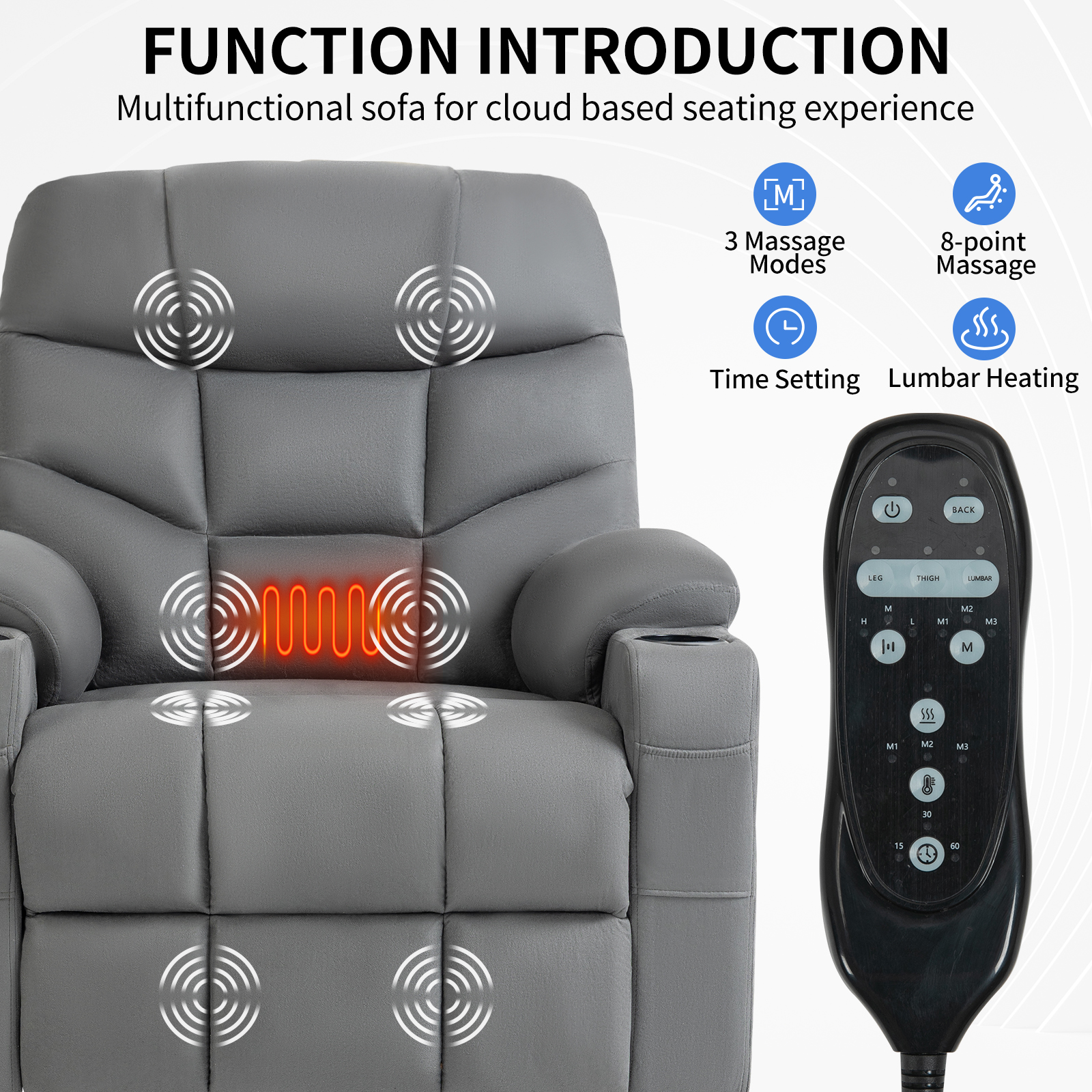 Up to 350 LBS Power Lift Recliner Chair, Heavy Duty Motion Mechanism with 8-Point Vibration Massage and Lumbar Heating, Cup Holders, USB and Type-C Ports, Removable Cushions, Blue/Grey