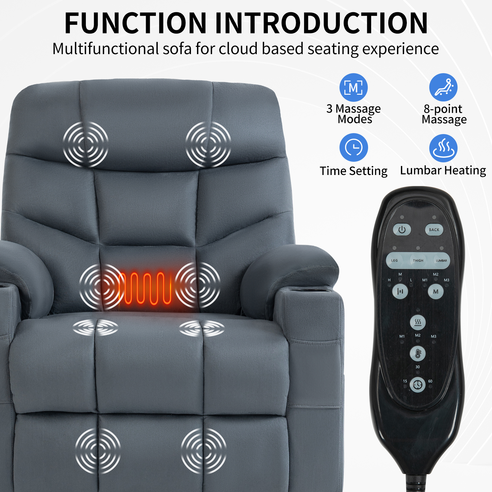 Up to 350 LBS Power Lift Recliner Chair, Heavy Duty Motion Mechanism with 8-Point Vibration Massage and Lumbar Heating, Cup Holders, USB and Type-C Ports, Removable Cushions, Blue/Grey