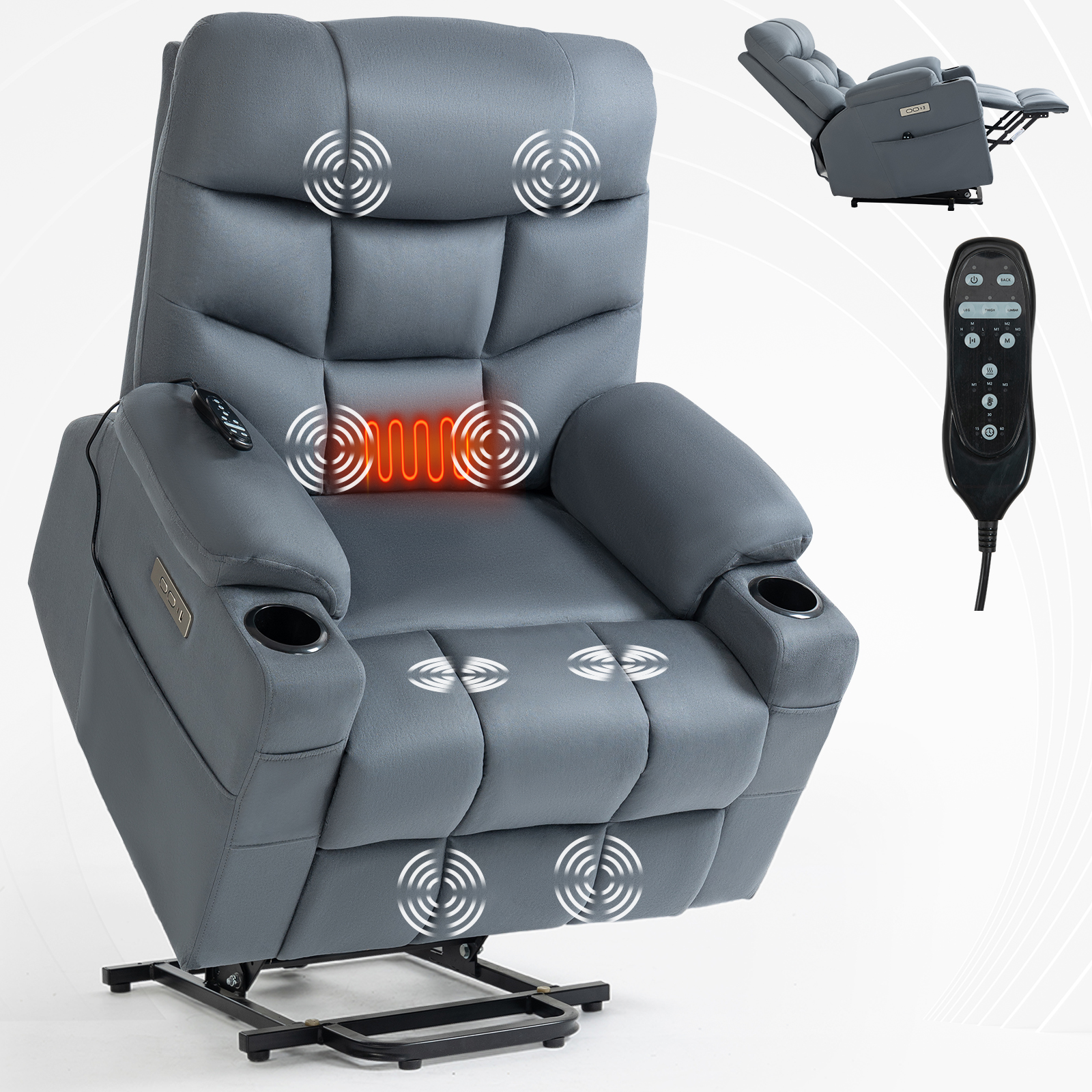 Up to 350 LBS Power Lift Recliner Chair, Heavy Duty Motion Mechanism with 8-Point Vibration Massage and Lumbar Heating, Cup Holders, USB and Type-C Ports, Removable Cushions, Blue/Grey