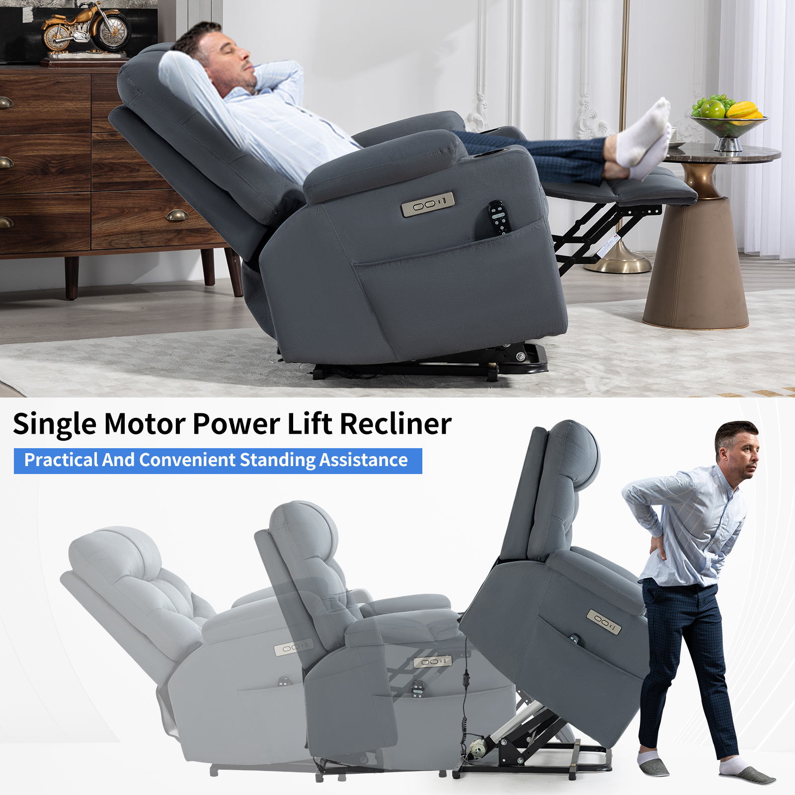 Up to 350 LBS Power Lift Recliner Chair, Heavy Duty Motion Mechanism with 8-Point Vibration Massage and Lumbar Heating, Cup Holders, USB and Type-C Ports, Removable Cushions, Blue/Grey