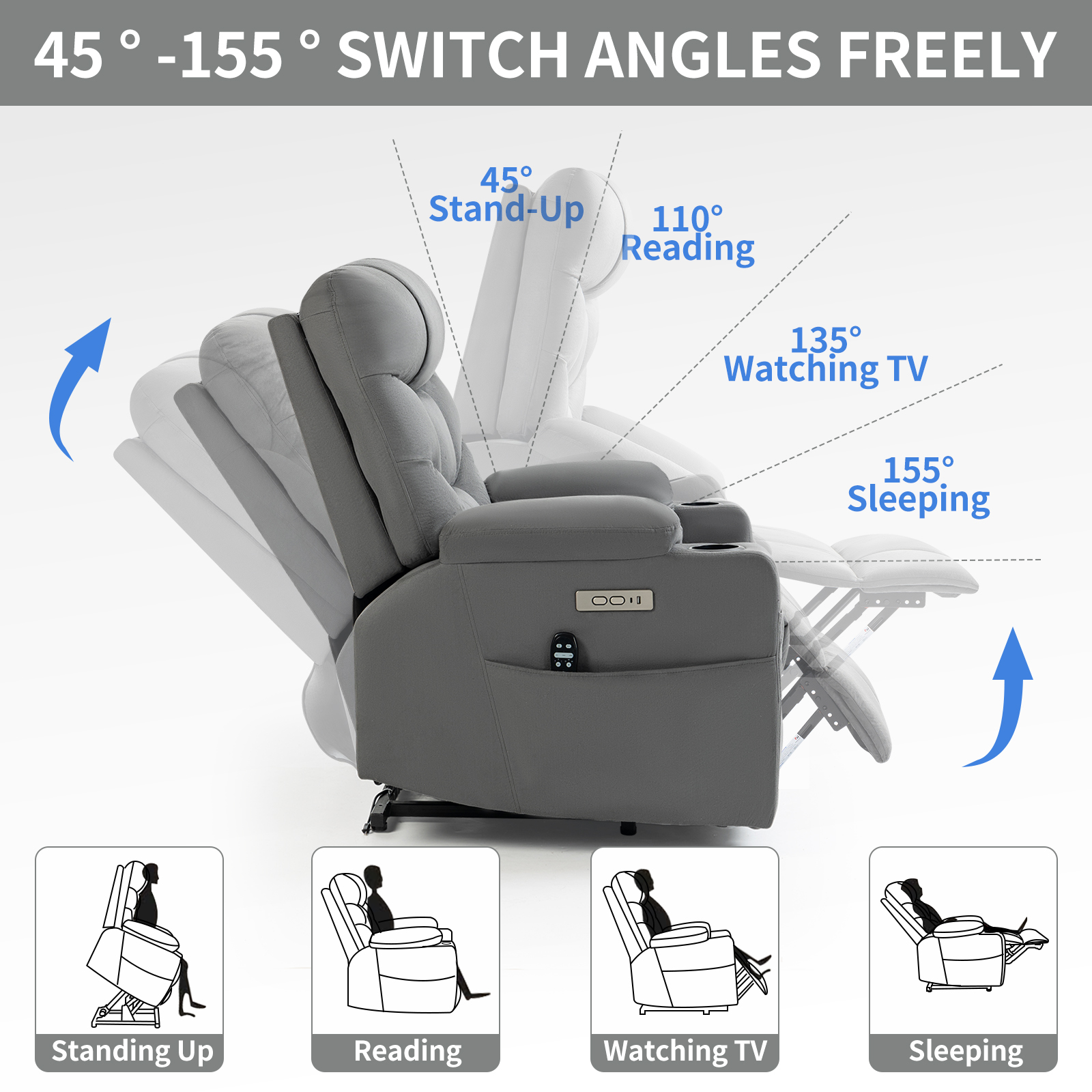 Up to 350 LBS Power Lift Recliner Chair, Heavy Duty Motion Mechanism with 8-Point Vibration Massage and Lumbar Heating, Cup Holders, USB and Type-C Ports, Removable Cushions, Blue/Grey