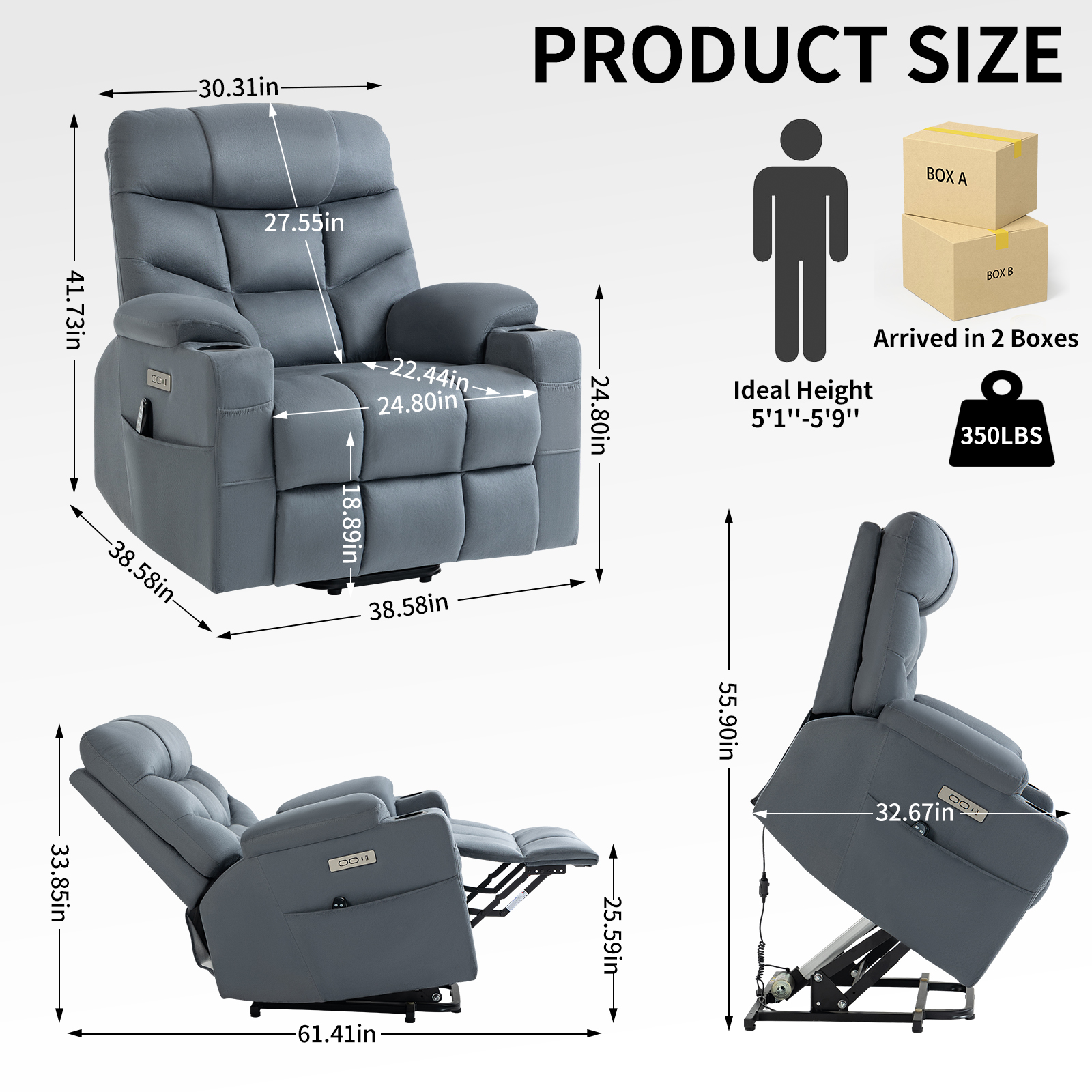 Up to 350 LBS Power Lift Recliner Chair, Heavy Duty Motion Mechanism with 8-Point Vibration Massage and Lumbar Heating, Cup Holders, USB and Type-C Ports, Removable Cushions, Blue/Grey