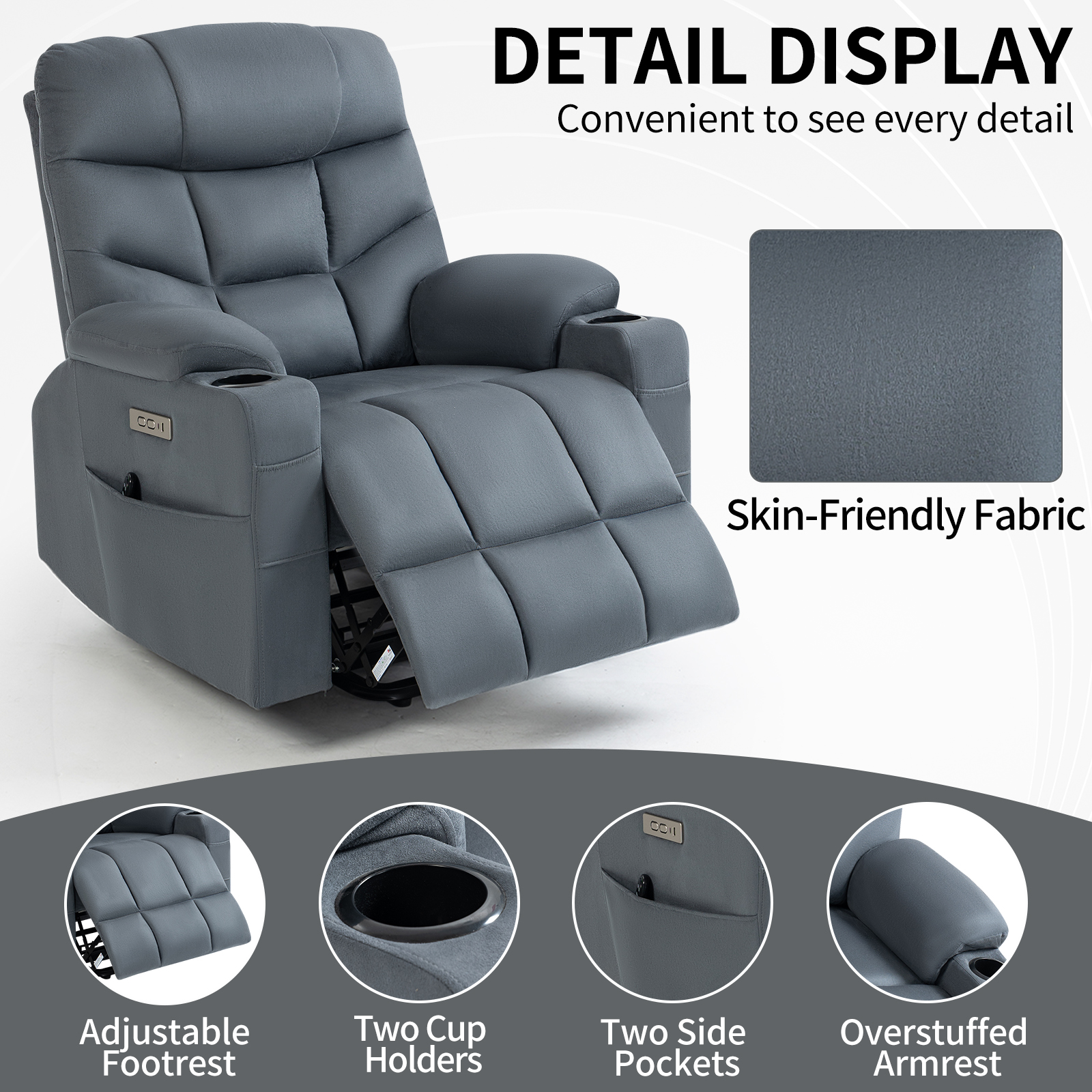 Up to 350 LBS Power Lift Recliner Chair, Heavy Duty Motion Mechanism with 8-Point Vibration Massage and Lumbar Heating, Cup Holders, USB and Type-C Ports, Removable Cushions, Blue/Grey