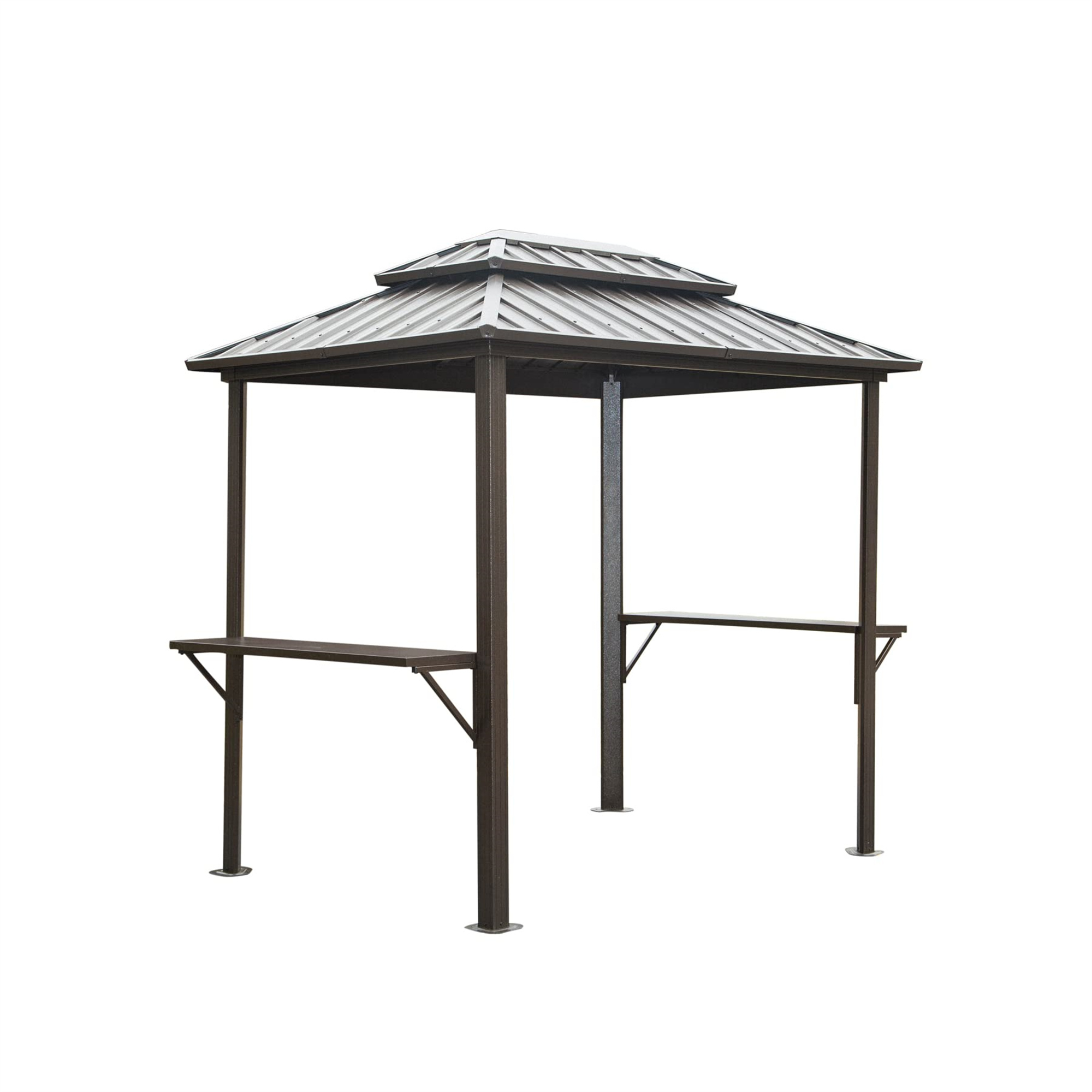 Hardtop Grill Gazebo, Outdoor BBQ Gazebo with 2 Side Shelves and Sloping Galvanized Steel Roof, Metal Permanent Grill Canopy with Ceiling Hooks for Patio, Lawn, Backyard, Deck