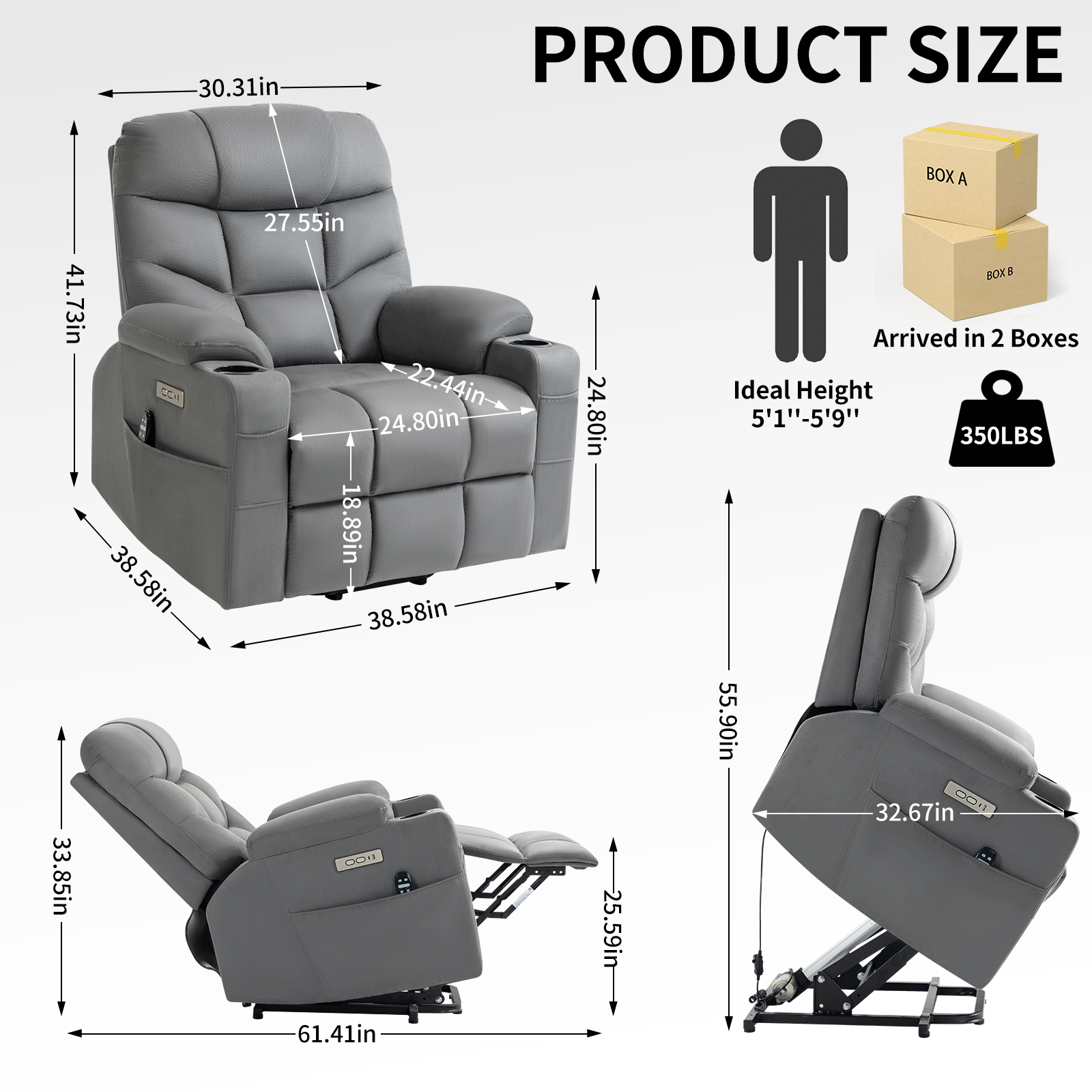 Up to 350 LBS Power Lift Recliner Chair, Heavy Duty Motion Mechanism with 8-Point Vibration Massage and Lumbar Heating, Cup Holders, USB and Type-C Ports, Removable Cushions, Blue/Grey