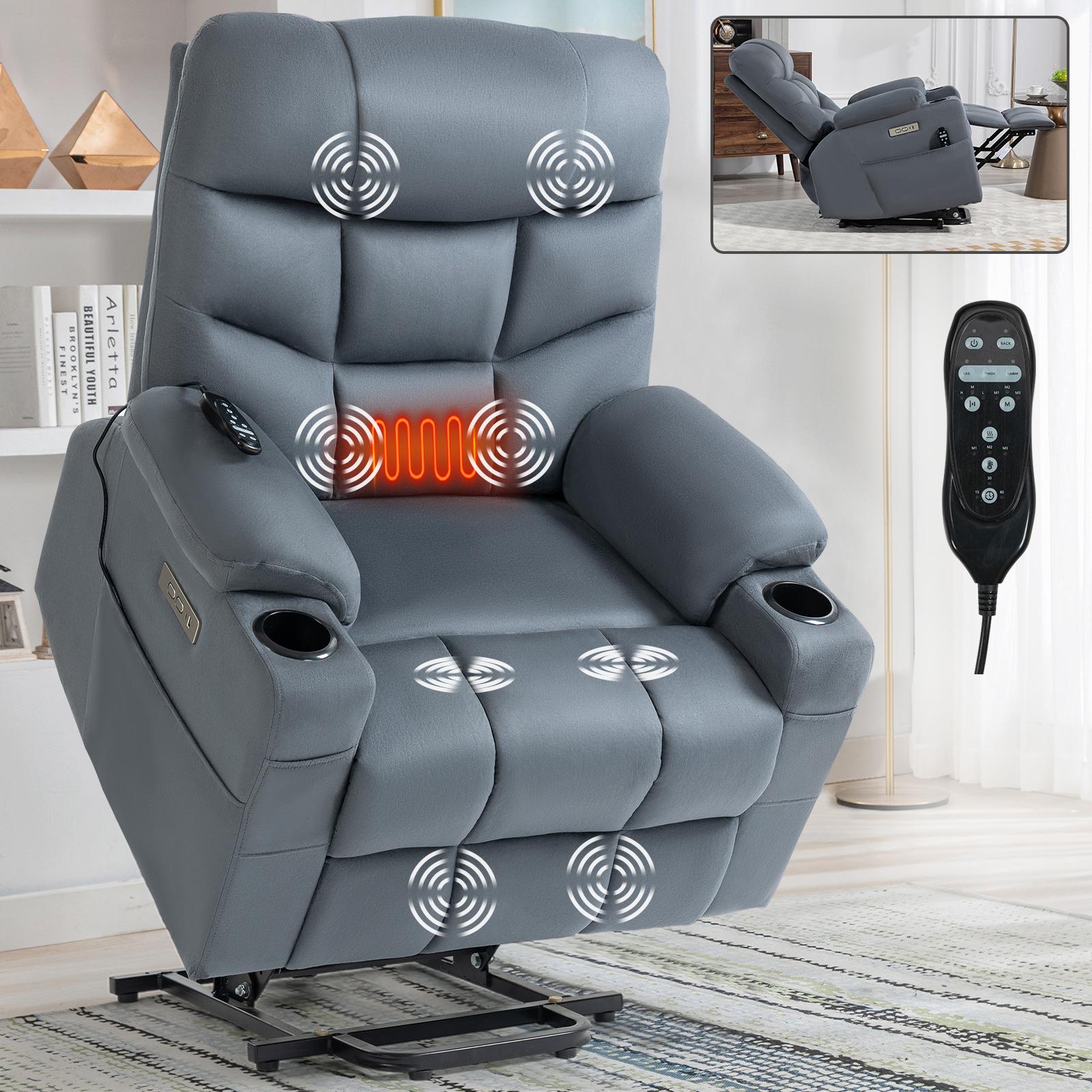 Up to 350 LBS Power Lift Recliner Chair, Heavy Duty Motion Mechanism with 8-Point Vibration Massage and Lumbar Heating, Cup Holders, USB and Type-C Ports, Removable Cushions, Blue/Grey