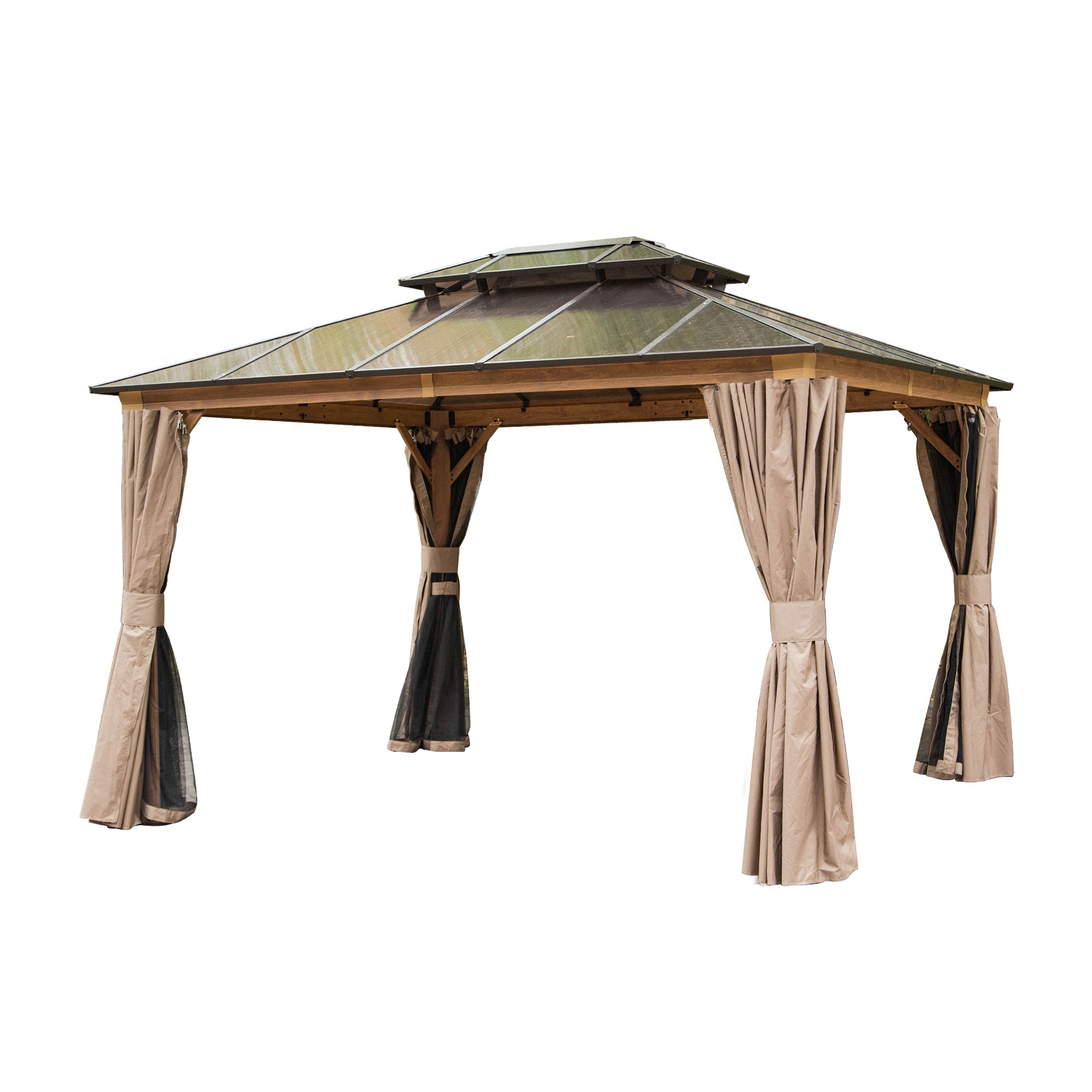 Hardtop Gazebo, Permanent Outdoor Gazebo with Polycarbonate Double Roof, Aluminum Gazebo Pavilion with Curtain and Net for Garden, Patio, Lawns, Deck, Backyard