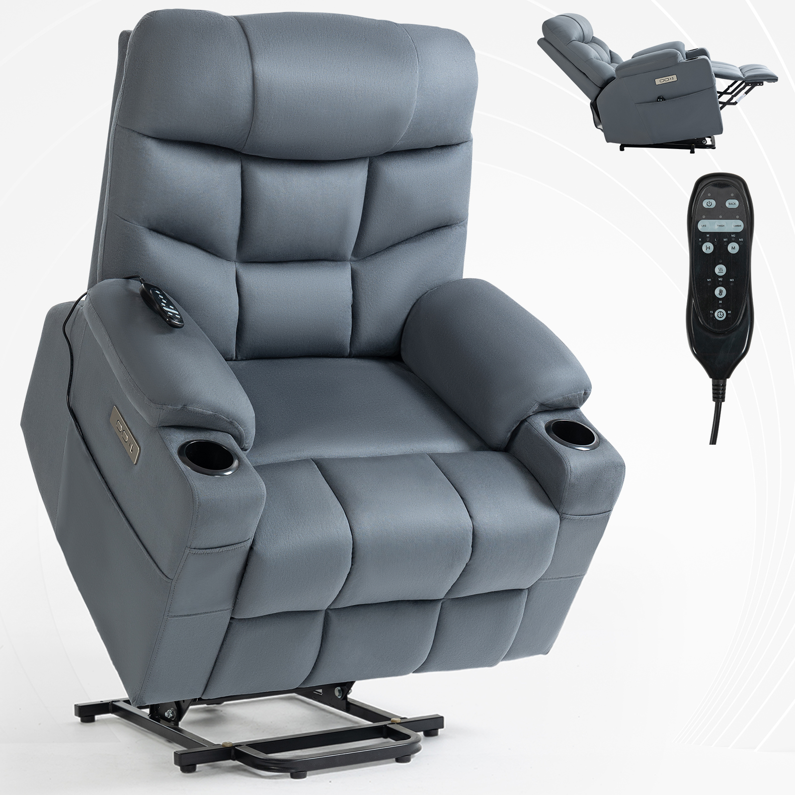 Up to 350 LBS Power Lift Recliner Chair, Heavy Duty Motion Mechanism with 8-Point Vibration Massage and Lumbar Heating, Cup Holders, USB and Type-C Ports, Removable Cushions, Blue/Grey