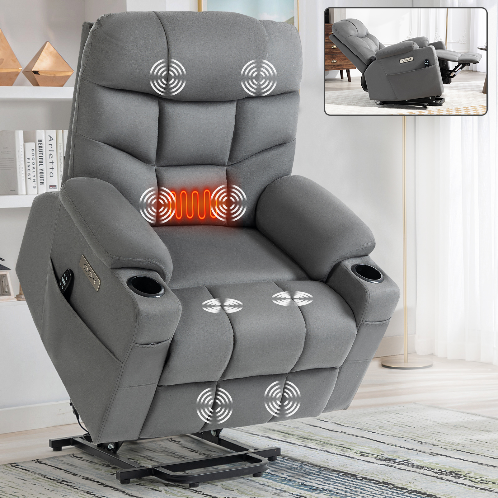 Up to 350 LBS Power Lift Recliner Chair, Heavy Duty Motion Mechanism with 8-Point Vibration Massage and Lumbar Heating, Cup Holders, USB and Type-C Ports, Removable Cushions, Blue/Grey