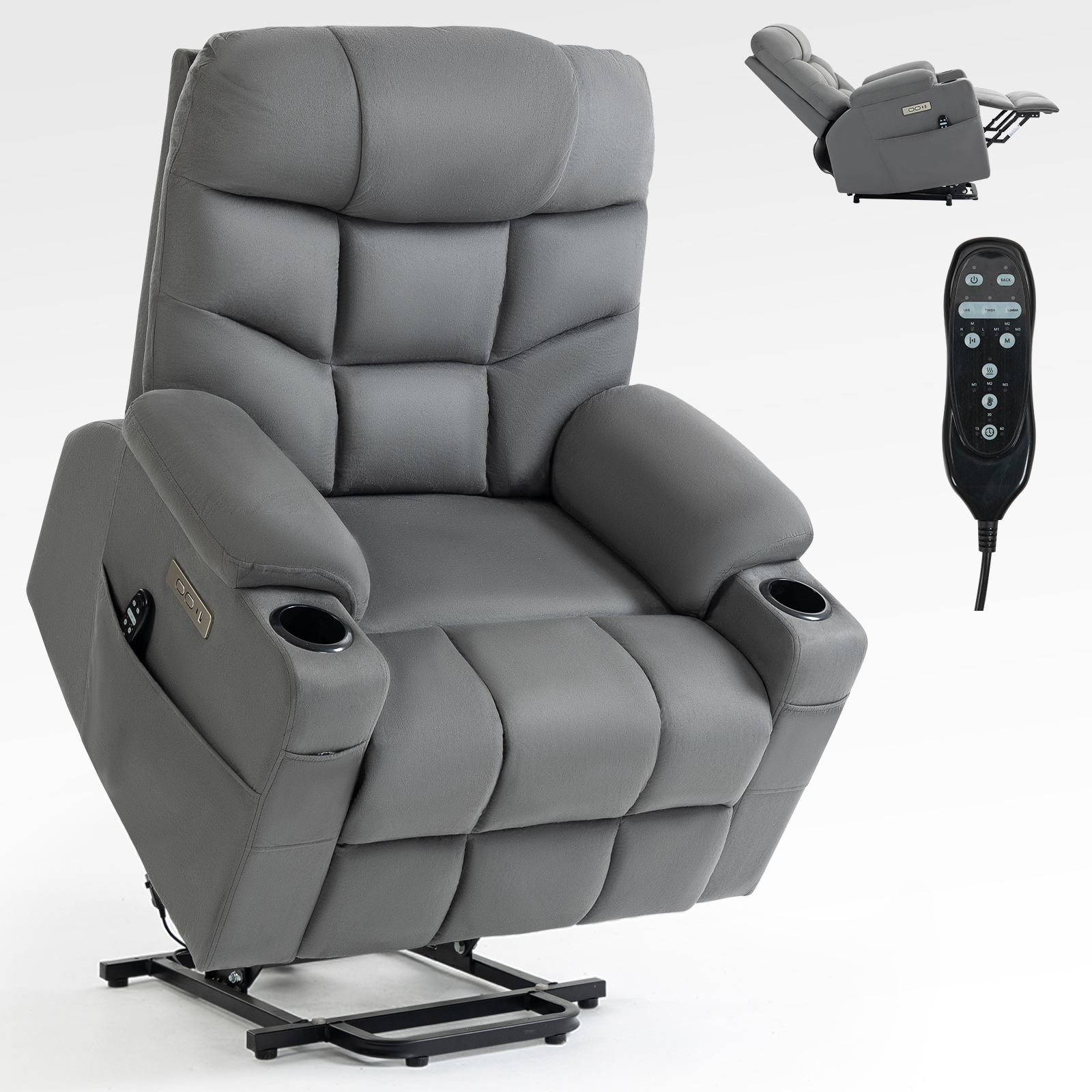 Up to 350 LBS Power Lift Recliner Chair, Heavy Duty Motion Mechanism with 8-Point Vibration Massage and Lumbar Heating, Cup Holders, USB and Type-C Ports, Removable Cushions, Blue/Grey