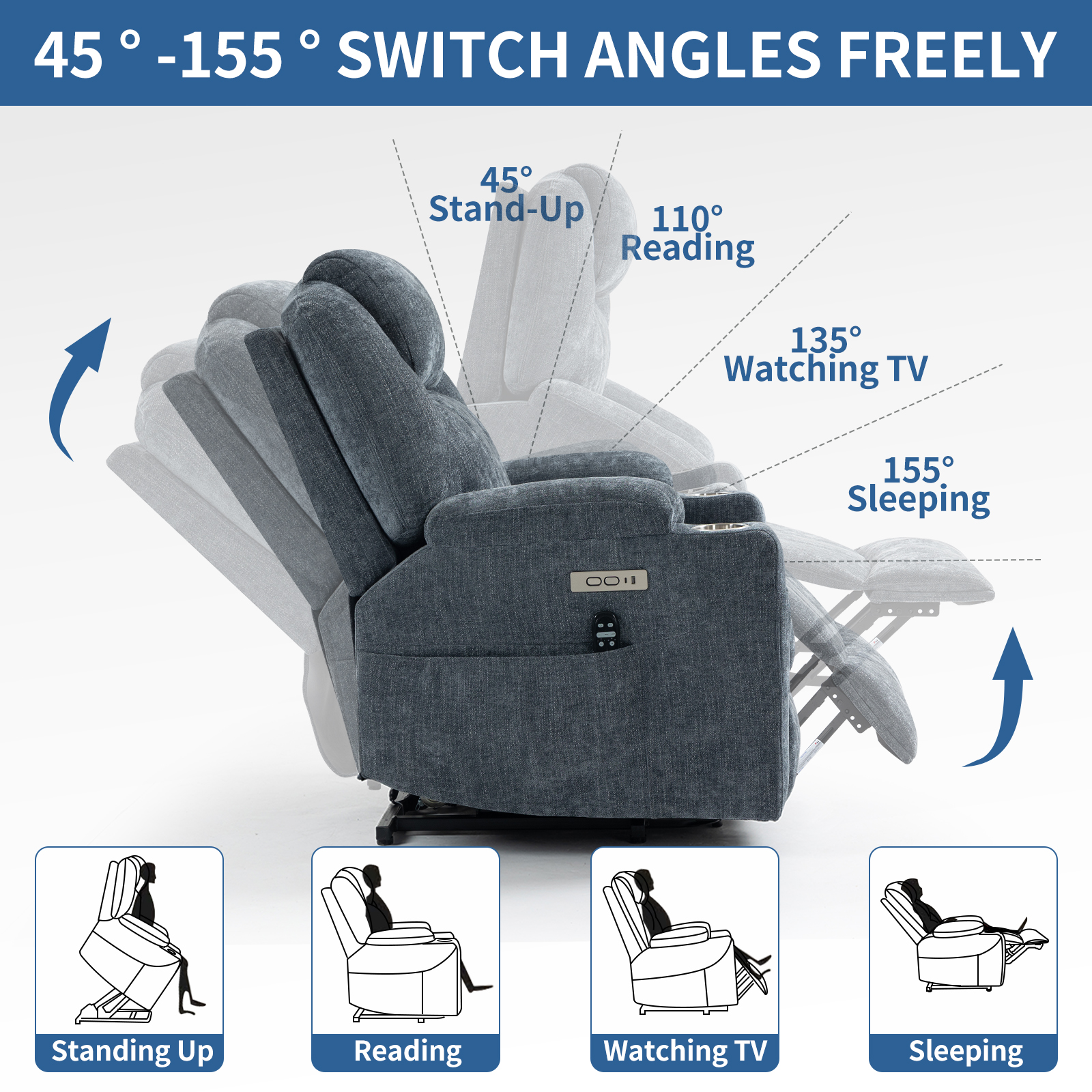 Up to 350 LBS Chenille Power Lift Recliner Chair, Heavy Duty Motion Mechanism with 8-Point Vibration Massage and Lumbar Heating, USB and Type-C Ports, Stainless Steel Cup Holders, Blue/Brown