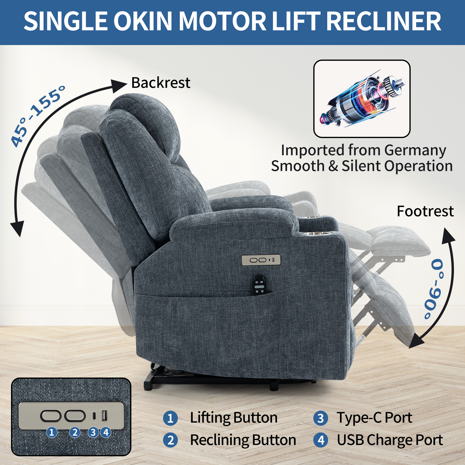 Up to 350 LBS Chenille Power Lift Recliner Chair, Heavy Duty Motion Mechanism with 8-Point Vibration Massage and Lumbar Heating, USB and Type-C Ports, Stainless Steel Cup Holders, Blue/Brown