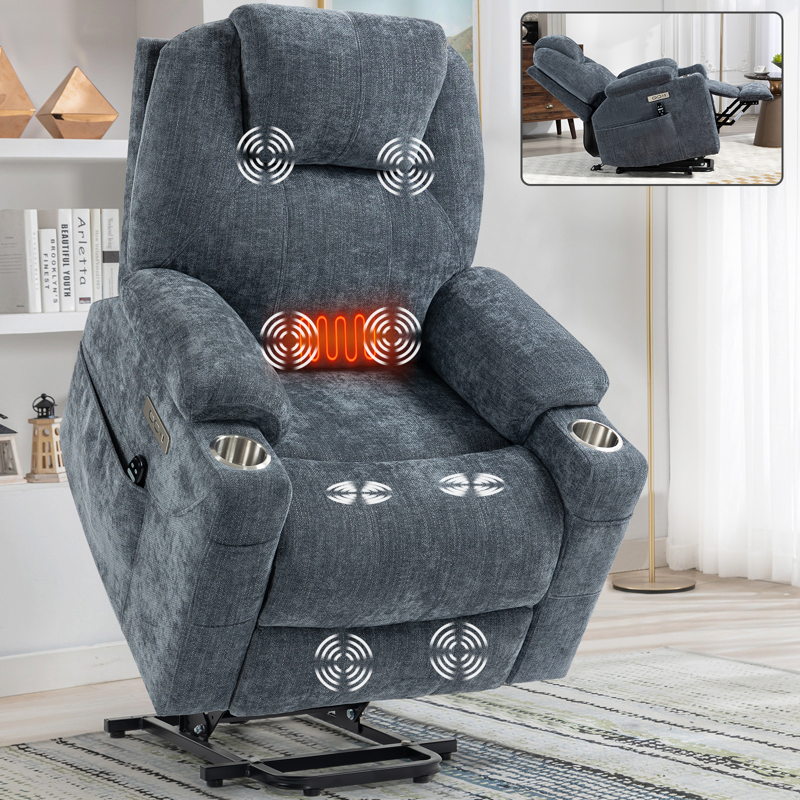 Up to 350 LBS Chenille Power Lift Recliner Chair, Heavy Duty Motion Mechanism with 8-Point Vibration Massage and Lumbar Heating, USB and Type-C Ports, Stainless Steel Cup Holders, Blue/Brown
