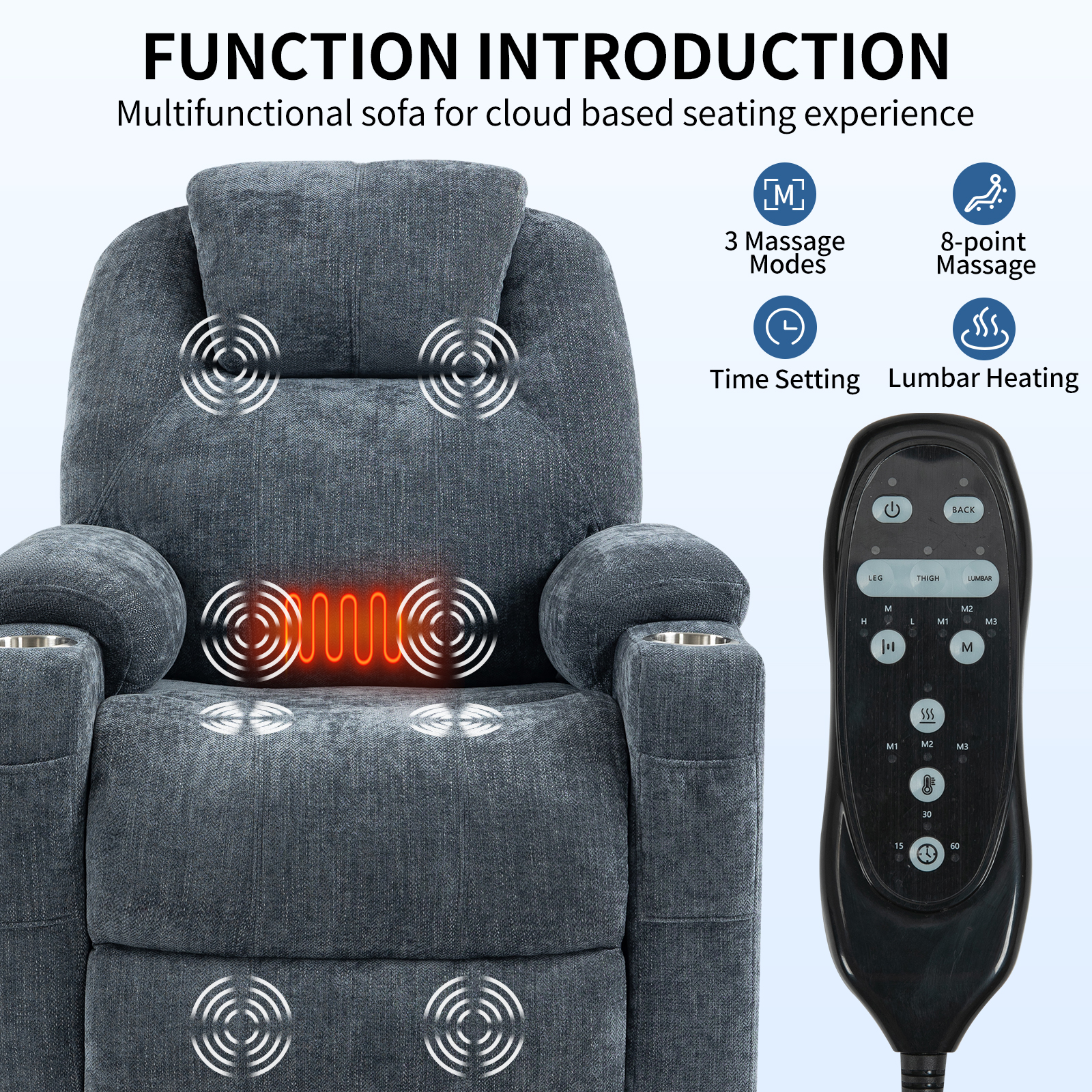 Up to 350 LBS Chenille Power Lift Recliner Chair, Heavy Duty Motion Mechanism with 8-Point Vibration Massage and Lumbar Heating, USB and Type-C Ports, Stainless Steel Cup Holders, Blue/Brown