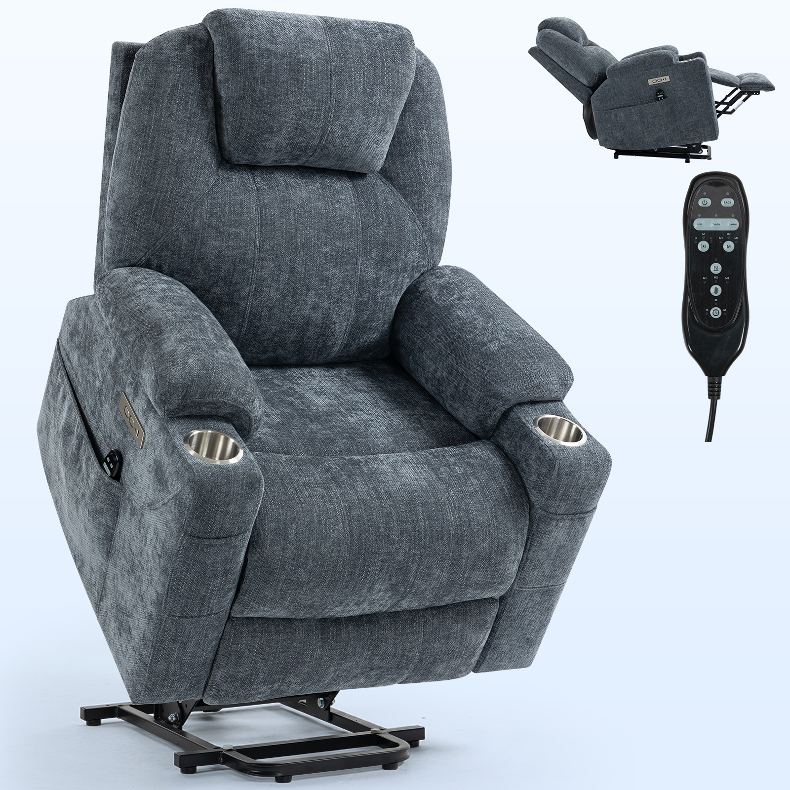 Up to 350 LBS Chenille Power Lift Recliner Chair, Heavy Duty Motion Mechanism with 8-Point Vibration Massage and Lumbar Heating, USB and Type-C Ports, Stainless Steel Cup Holders, Blue/Brown