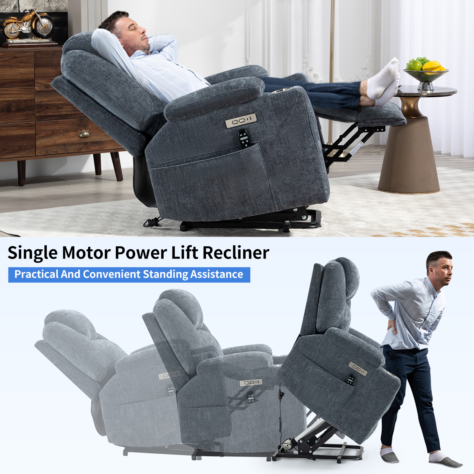 Up to 350 LBS Chenille Power Lift Recliner Chair, Heavy Duty Motion Mechanism with 8-Point Vibration Massage and Lumbar Heating, USB and Type-C Ports, Stainless Steel Cup Holders, Blue/Brown