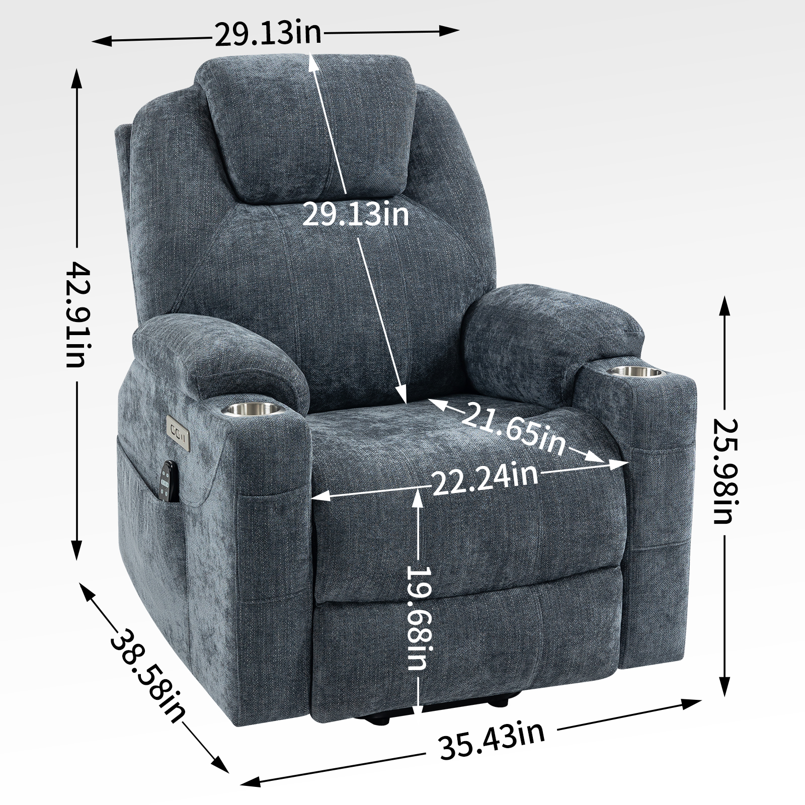 Up to 350 LBS Chenille Power Lift Recliner Chair, Heavy Duty Motion Mechanism with 8-Point Vibration Massage and Lumbar Heating, USB and Type-C Ports, Stainless Steel Cup Holders, Blue/Brown