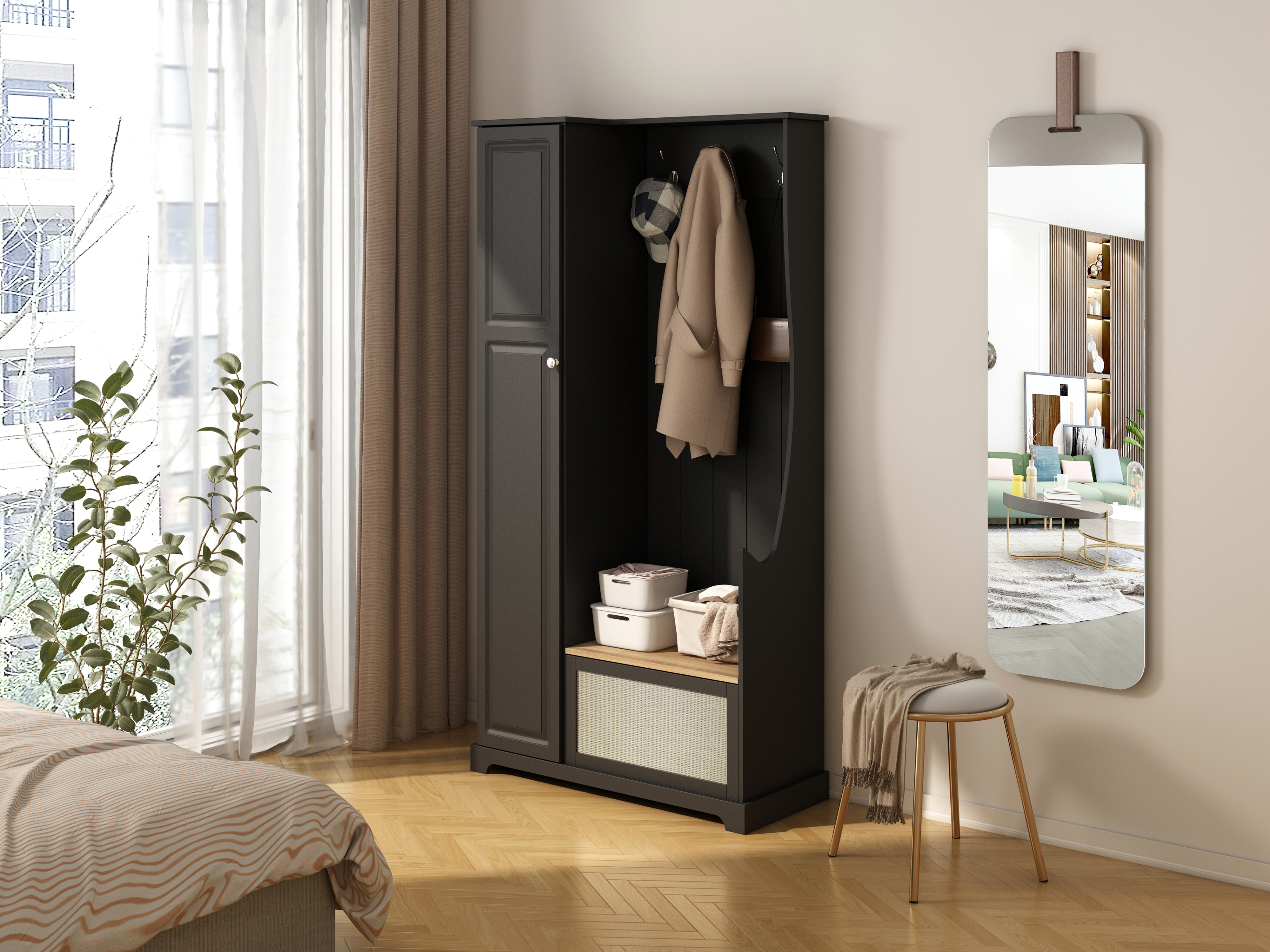 Hall Tree with Bench, Storage Cabinet, Suitable for Living Room, Entryway, Bedroom