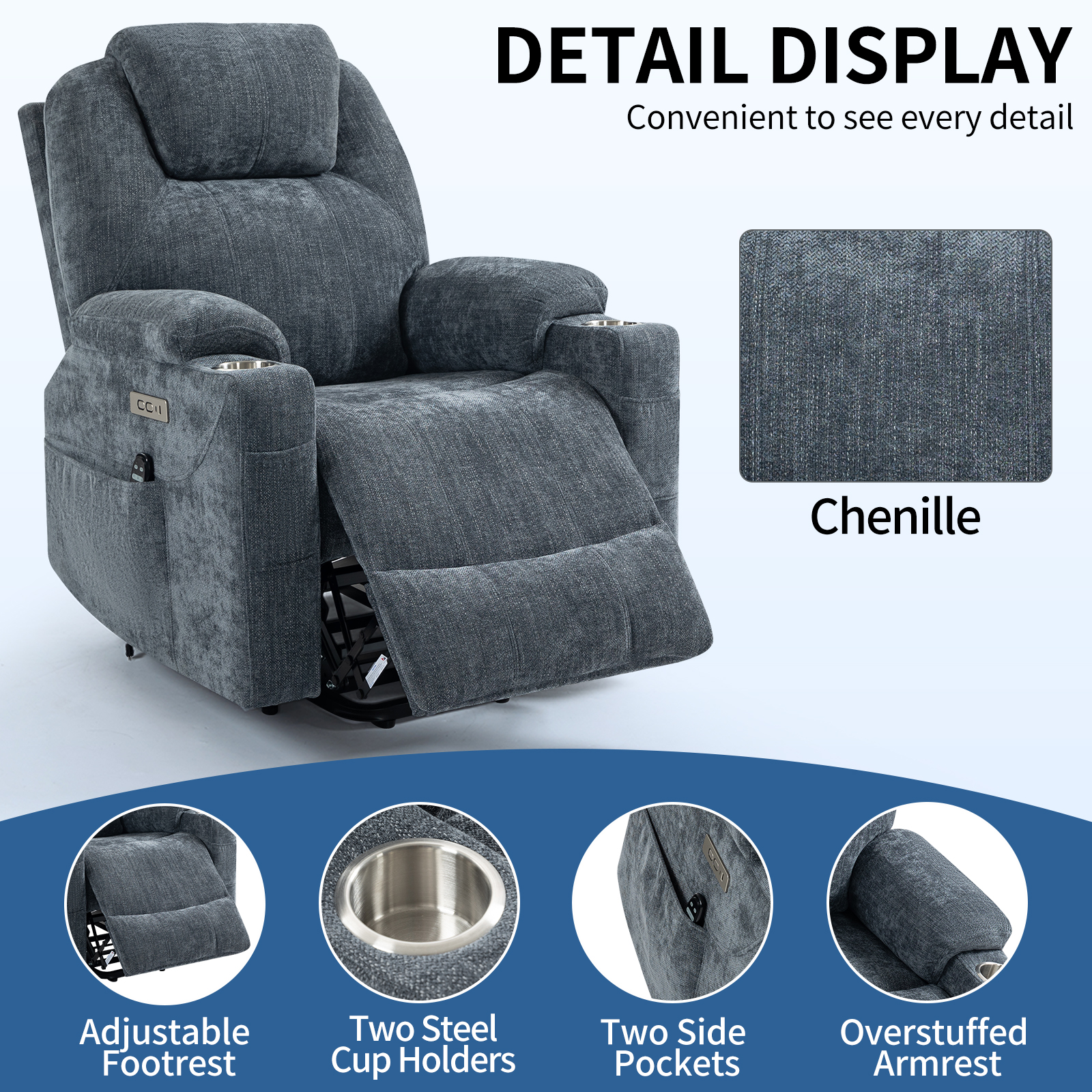 Up to 350 LBS Chenille Power Lift Recliner Chair, Heavy Duty Motion Mechanism with 8-Point Vibration Massage and Lumbar Heating, USB and Type-C Ports, Stainless Steel Cup Holders, Blue/Brown