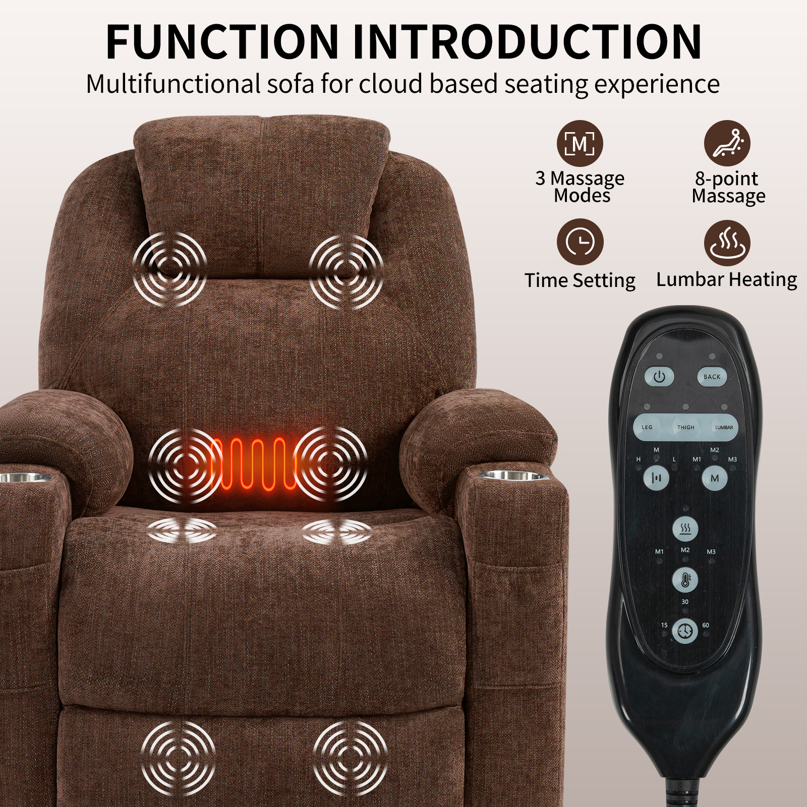 Up to 350 LBS Chenille Power Lift Recliner Chair, Heavy Duty Motion Mechanism with 8-Point Vibration Massage and Lumbar Heating, USB and Type-C Ports, Stainless Steel Cup Holders, Blue/Brown