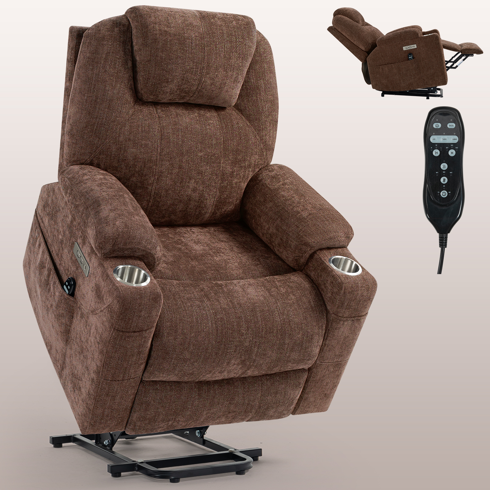 Up to 350 LBS Chenille Power Lift Recliner Chair, Heavy Duty Motion Mechanism with 8-Point Vibration Massage and Lumbar Heating, USB and Type-C Ports, Stainless Steel Cup Holders, Blue/Brown