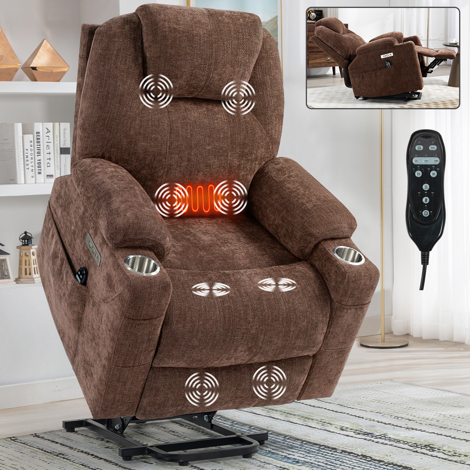 Up to 350 LBS Chenille Power Lift Recliner Chair, Heavy Duty Motion Mechanism with 8-Point Vibration Massage and Lumbar Heating, USB and Type-C Ports, Stainless Steel Cup Holders, Blue/Brown