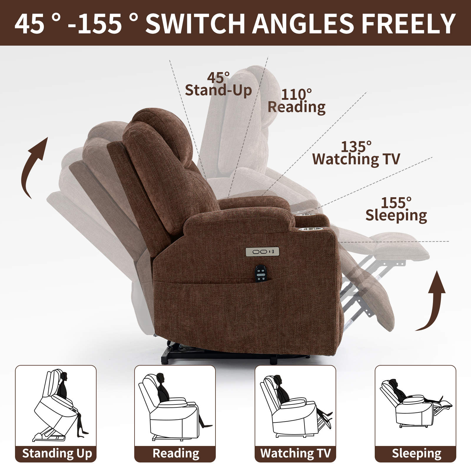 Up to 350 LBS Chenille Power Lift Recliner Chair, Heavy Duty Motion Mechanism with 8-Point Vibration Massage and Lumbar Heating, USB and Type-C Ports, Stainless Steel Cup Holders, Blue/Brown