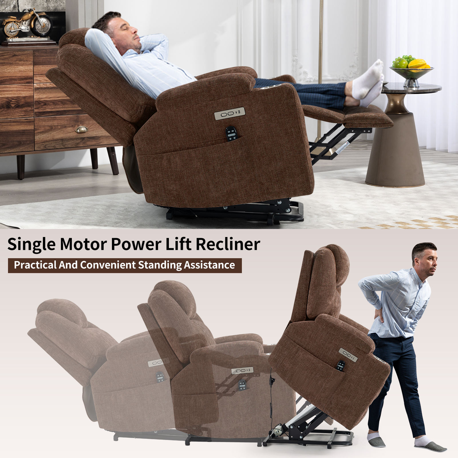 Up to 350 LBS Chenille Power Lift Recliner Chair, Heavy Duty Motion Mechanism with 8-Point Vibration Massage and Lumbar Heating, USB and Type-C Ports, Stainless Steel Cup Holders, Blue/Brown