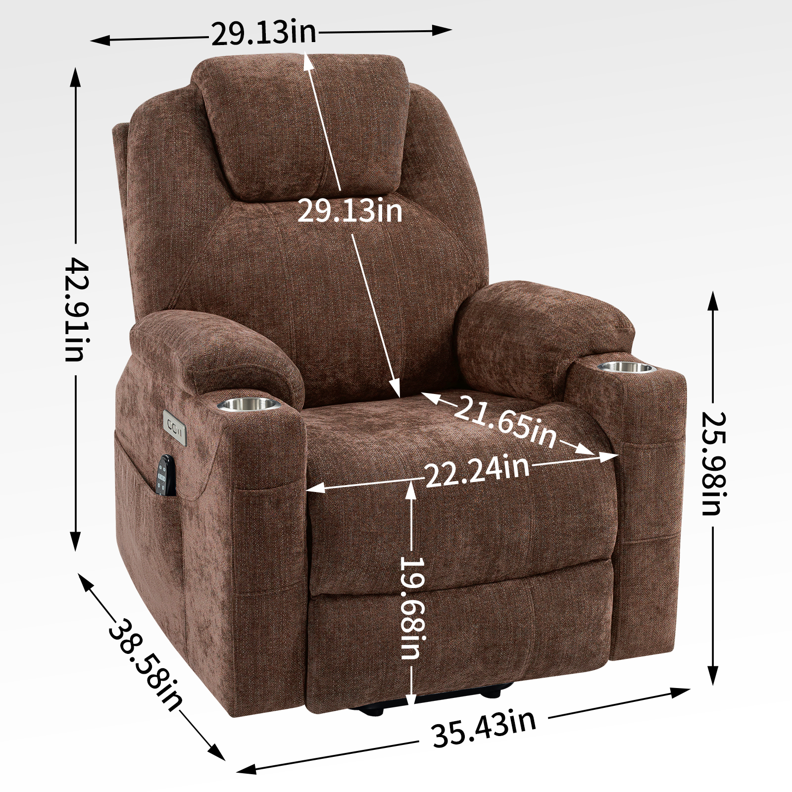 Up to 350 LBS Chenille Power Lift Recliner Chair, Heavy Duty Motion Mechanism with 8-Point Vibration Massage and Lumbar Heating, USB and Type-C Ports, Stainless Steel Cup Holders, Blue/Brown