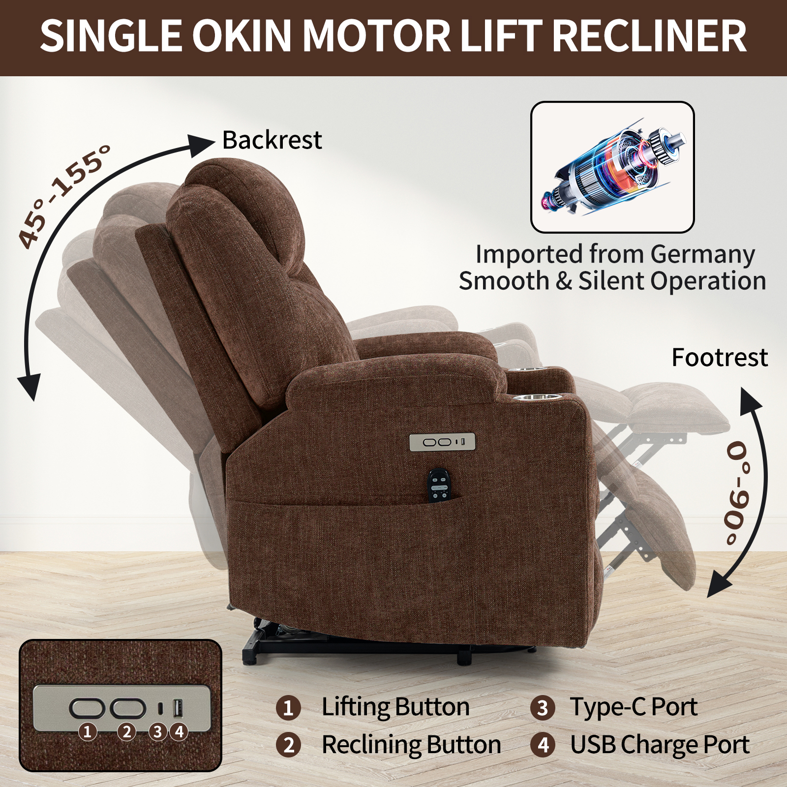 Up to 350 LBS Chenille Power Lift Recliner Chair, Heavy Duty Motion Mechanism with 8-Point Vibration Massage and Lumbar Heating, USB and Type-C Ports, Stainless Steel Cup Holders, Blue/Brown