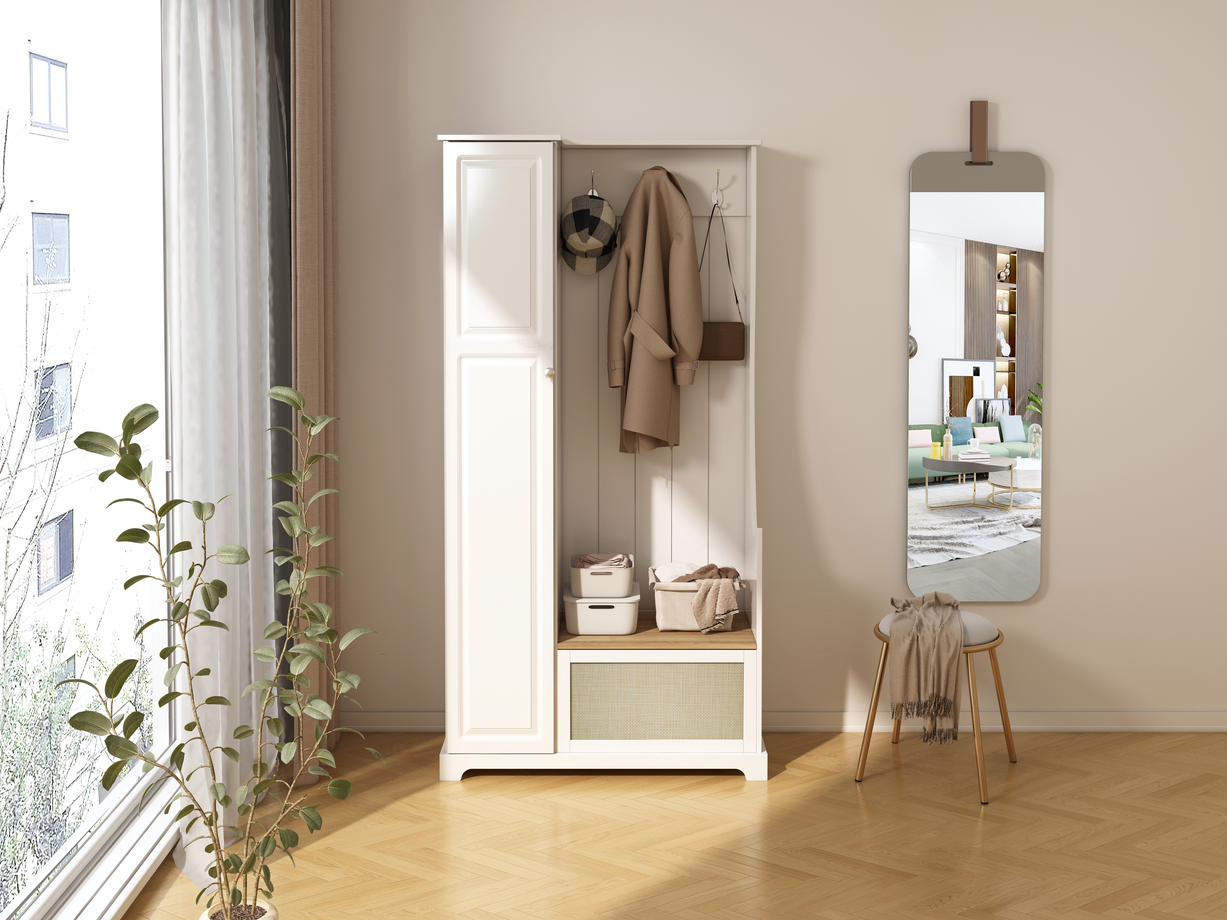 Hall Tree with Bench, Storage Cabinet, Suitable for Living Room, Entryway, Bedroom