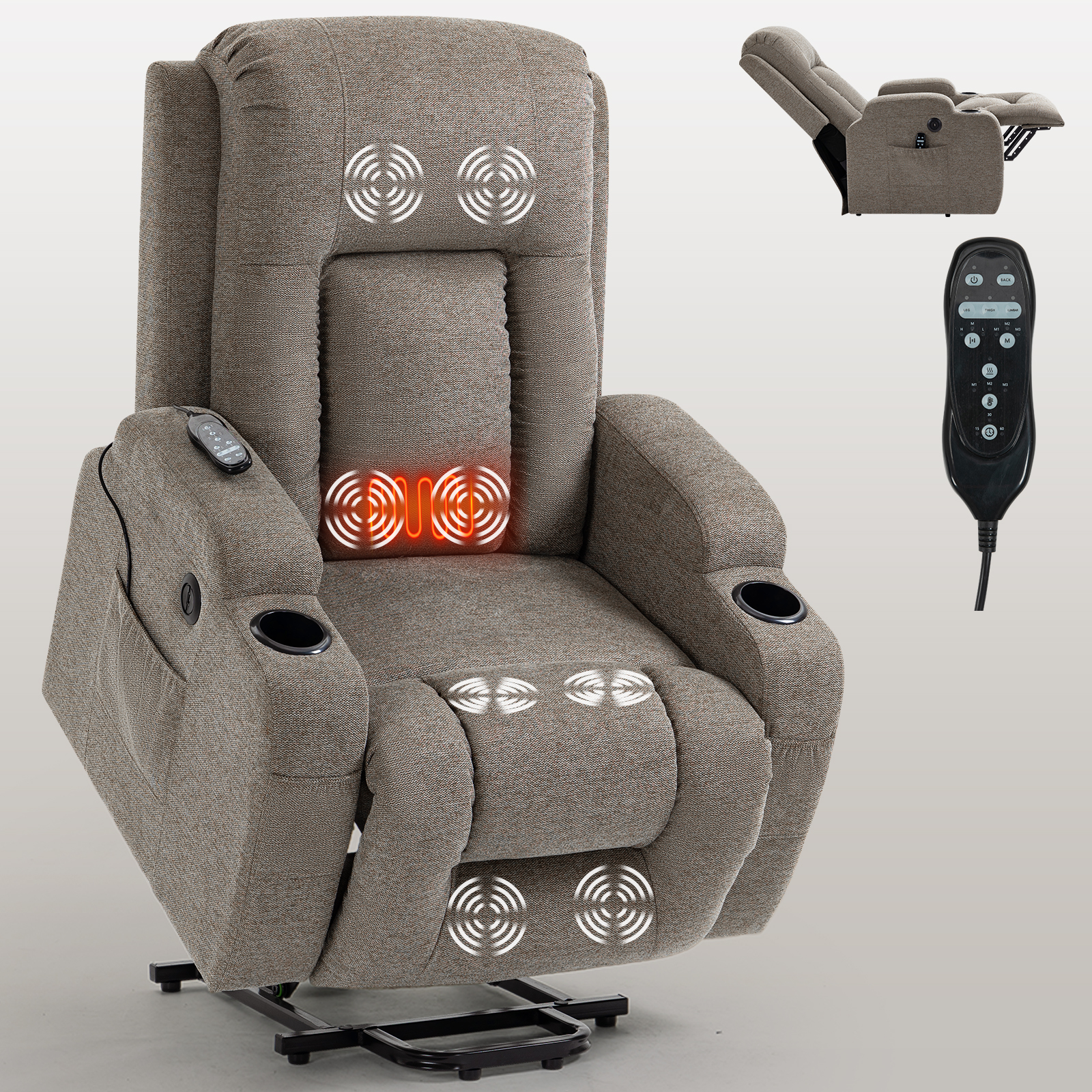 Infinite Position Single Motor Up to 350 LBS Power Lift Recliner Chair for Elderly, Heavy Duty Motion Mechanism with 8-Point Vibration Massage and Lumbar Heating, USB Charging Port, Cup Holders, Grey/Brown