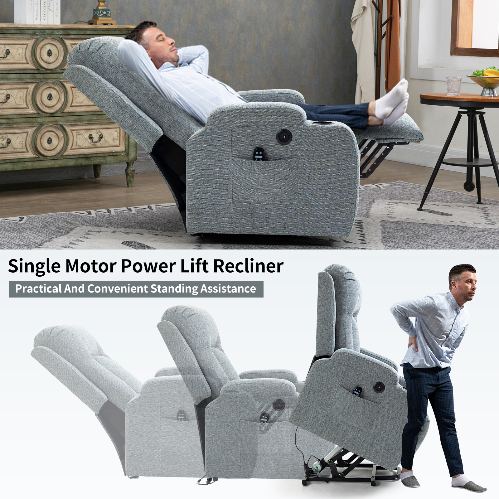 Infinite Position Single Motor Up to 350 LBS Power Lift Recliner Chair for Elderly, Heavy Duty Motion Mechanism with 8-Point Vibration Massage and Lumbar Heating, USB Charging Port, Cup Holders, Grey/Brown