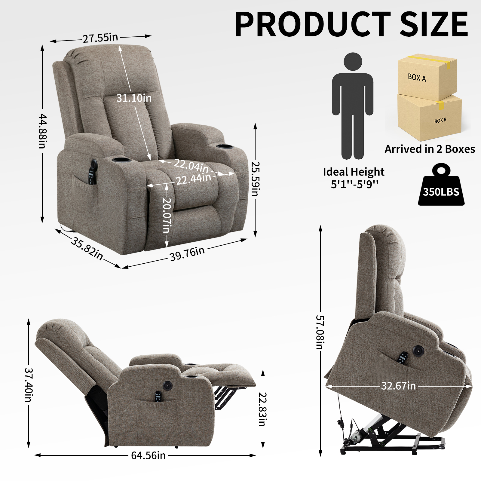 Infinite Position Single Motor Up to 350 LBS Power Lift Recliner Chair for Elderly, Heavy Duty Motion Mechanism with 8-Point Vibration Massage and Lumbar Heating, USB Charging Port, Cup Holders, Grey/Brown