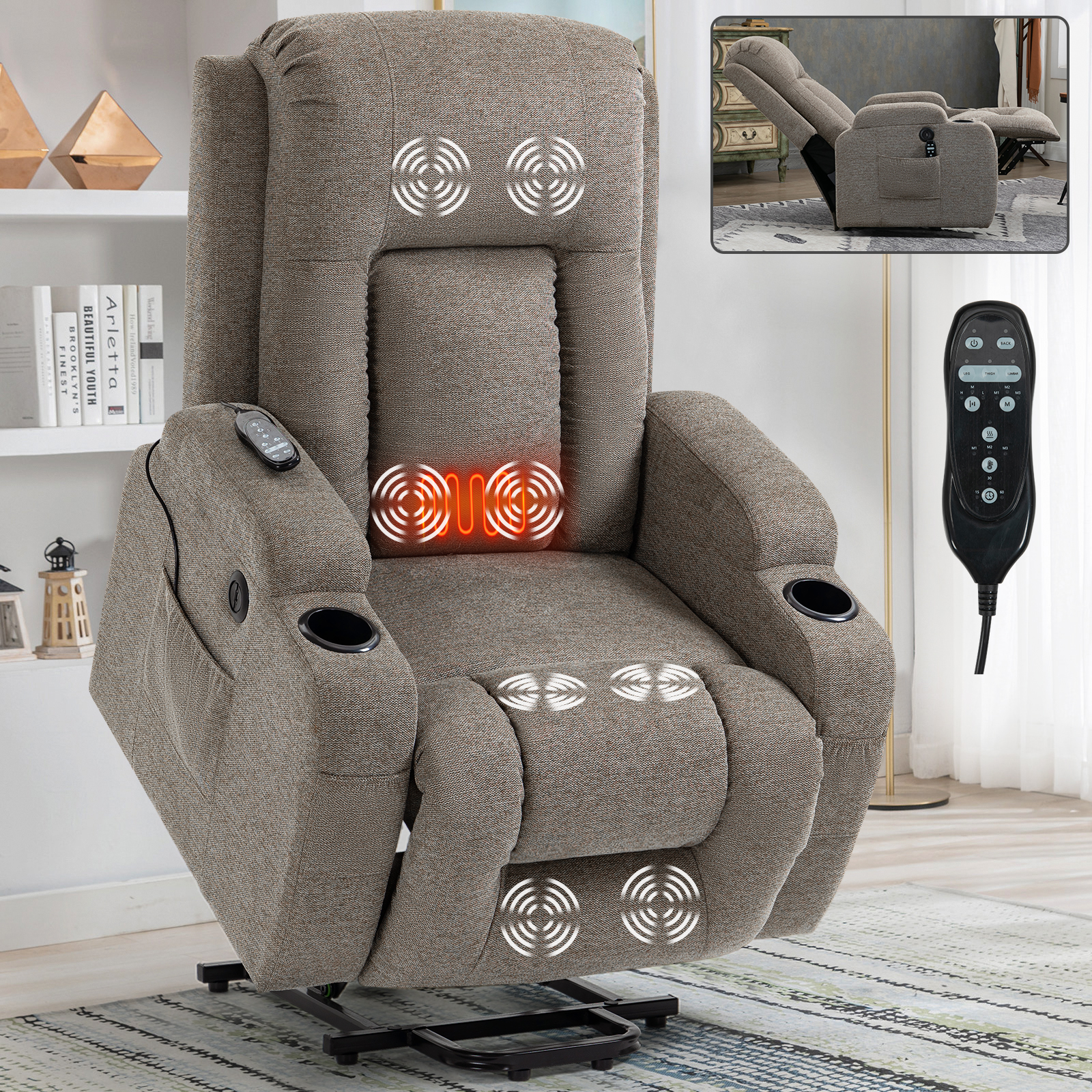 Infinite Position Single Motor Up to 350 LBS Power Lift Recliner Chair for Elderly, Heavy Duty Motion Mechanism with 8-Point Vibration Massage and Lumbar Heating, USB Charging Port, Cup Holders, Grey/Brown