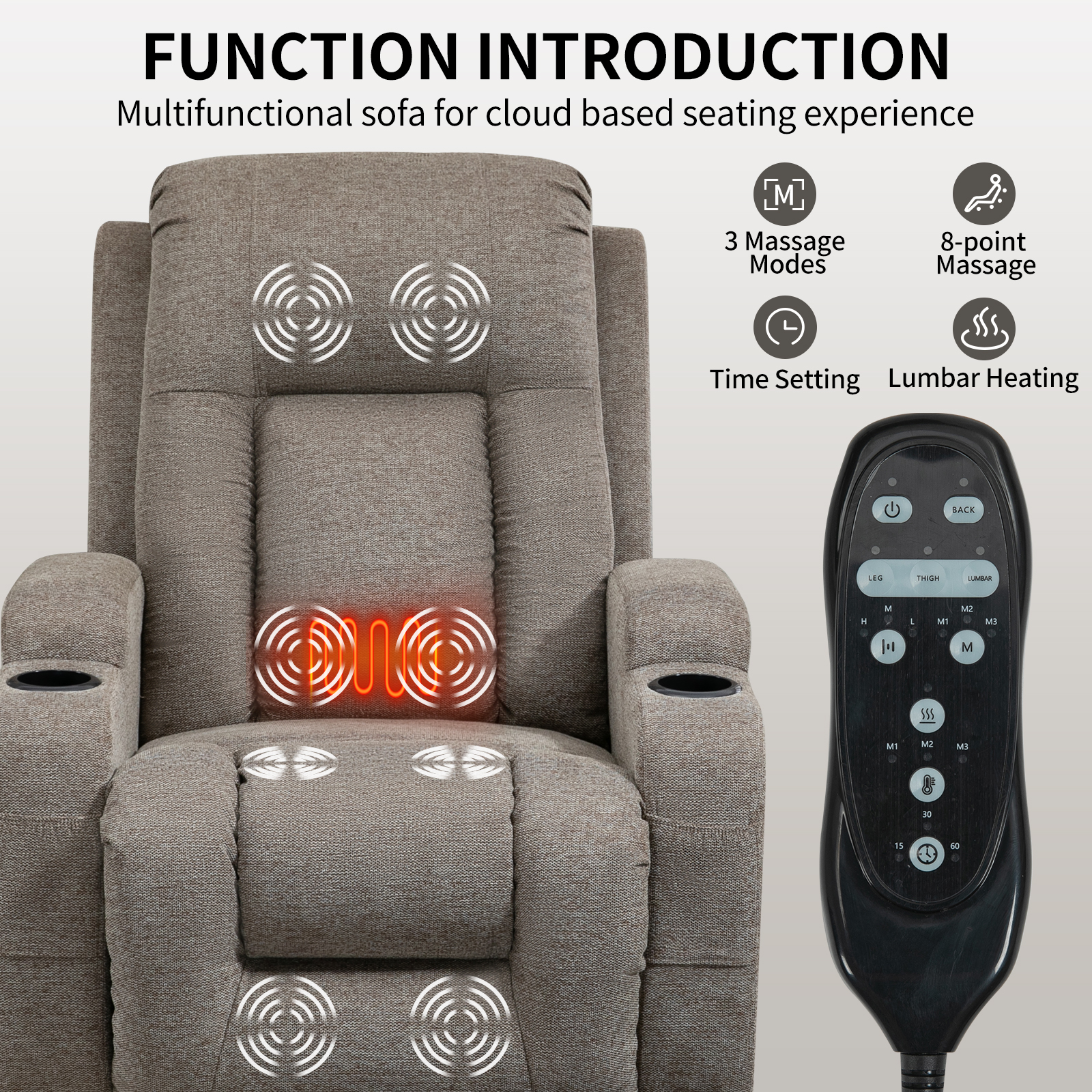 Infinite Position Single Motor Up to 350 LBS Power Lift Recliner Chair for Elderly, Heavy Duty Motion Mechanism with 8-Point Vibration Massage and Lumbar Heating, USB Charging Port, Cup Holders, Grey/Brown