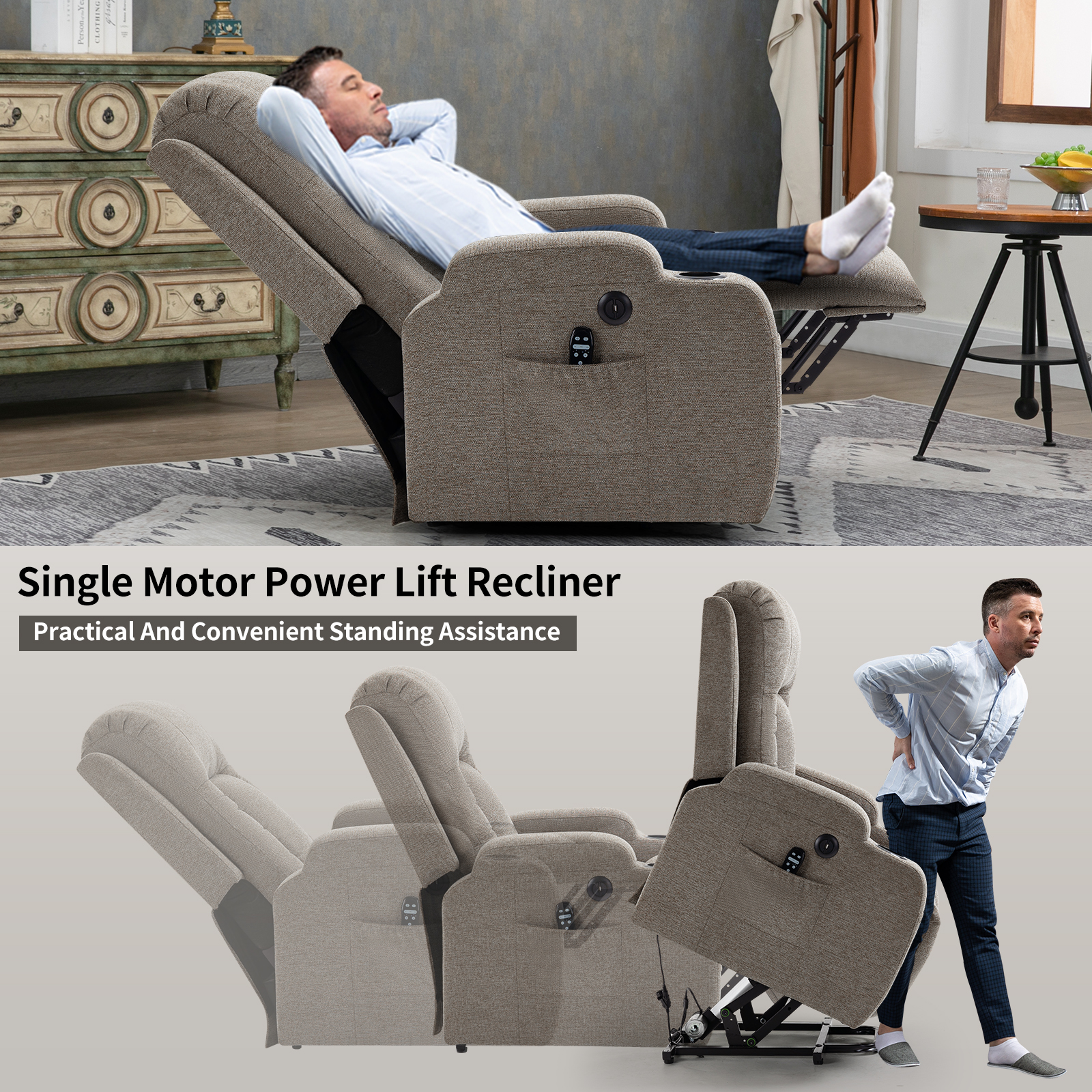 Infinite Position Single Motor Up to 350 LBS Power Lift Recliner Chair for Elderly, Heavy Duty Motion Mechanism with 8-Point Vibration Massage and Lumbar Heating, USB Charging Port, Cup Holders, Grey/Brown
